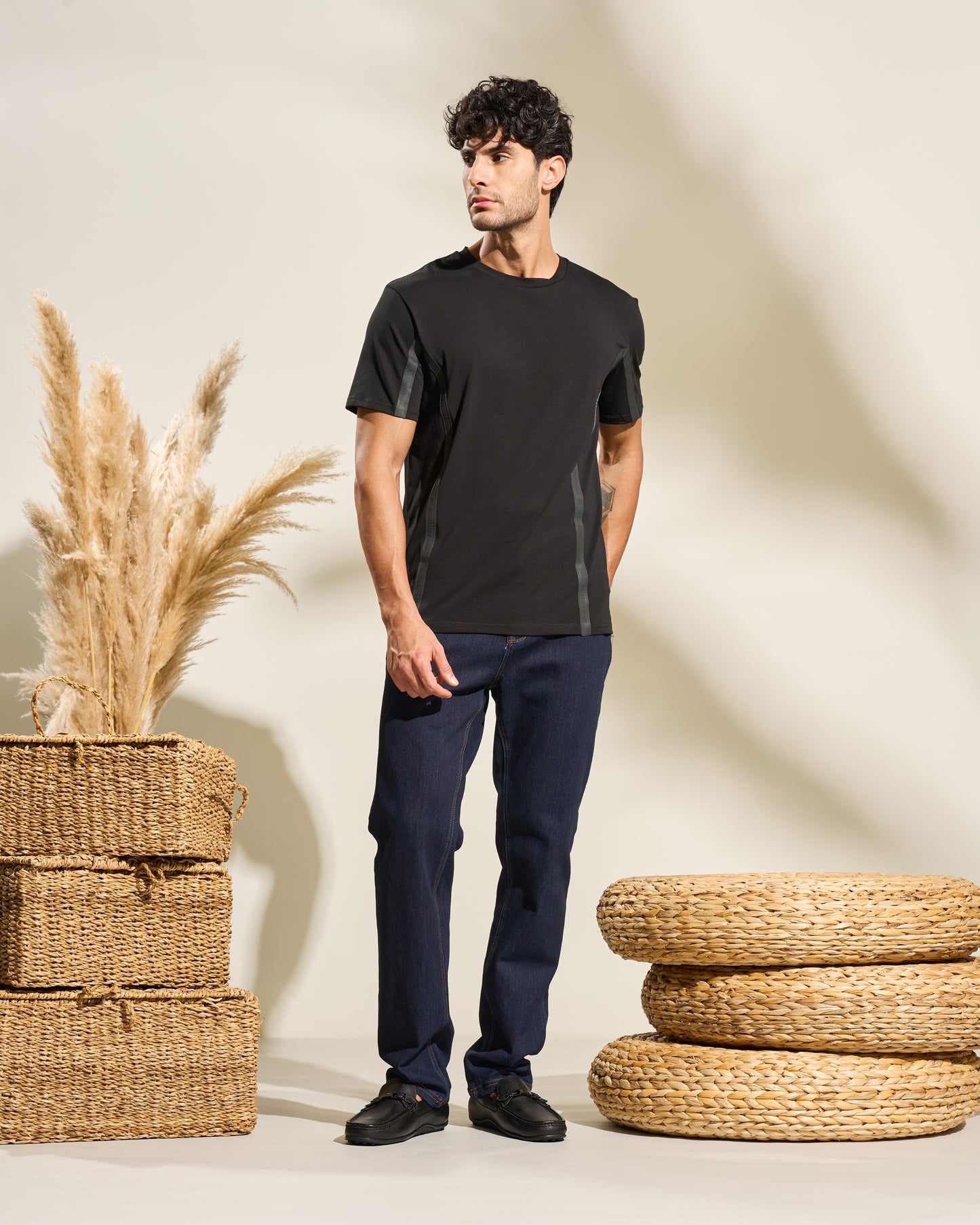 Tape Sleeve Print Black T-Shirt