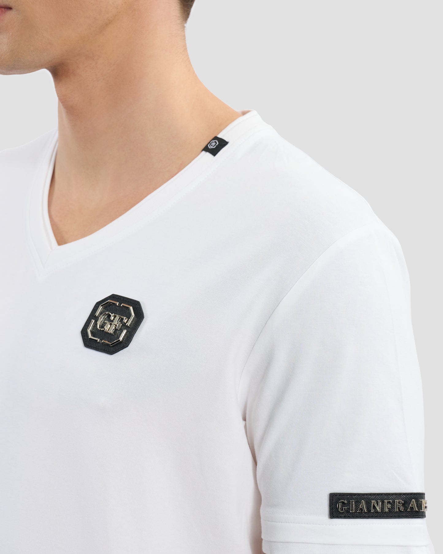 Brand Embellished Sleeve V-Neck T-Shirt