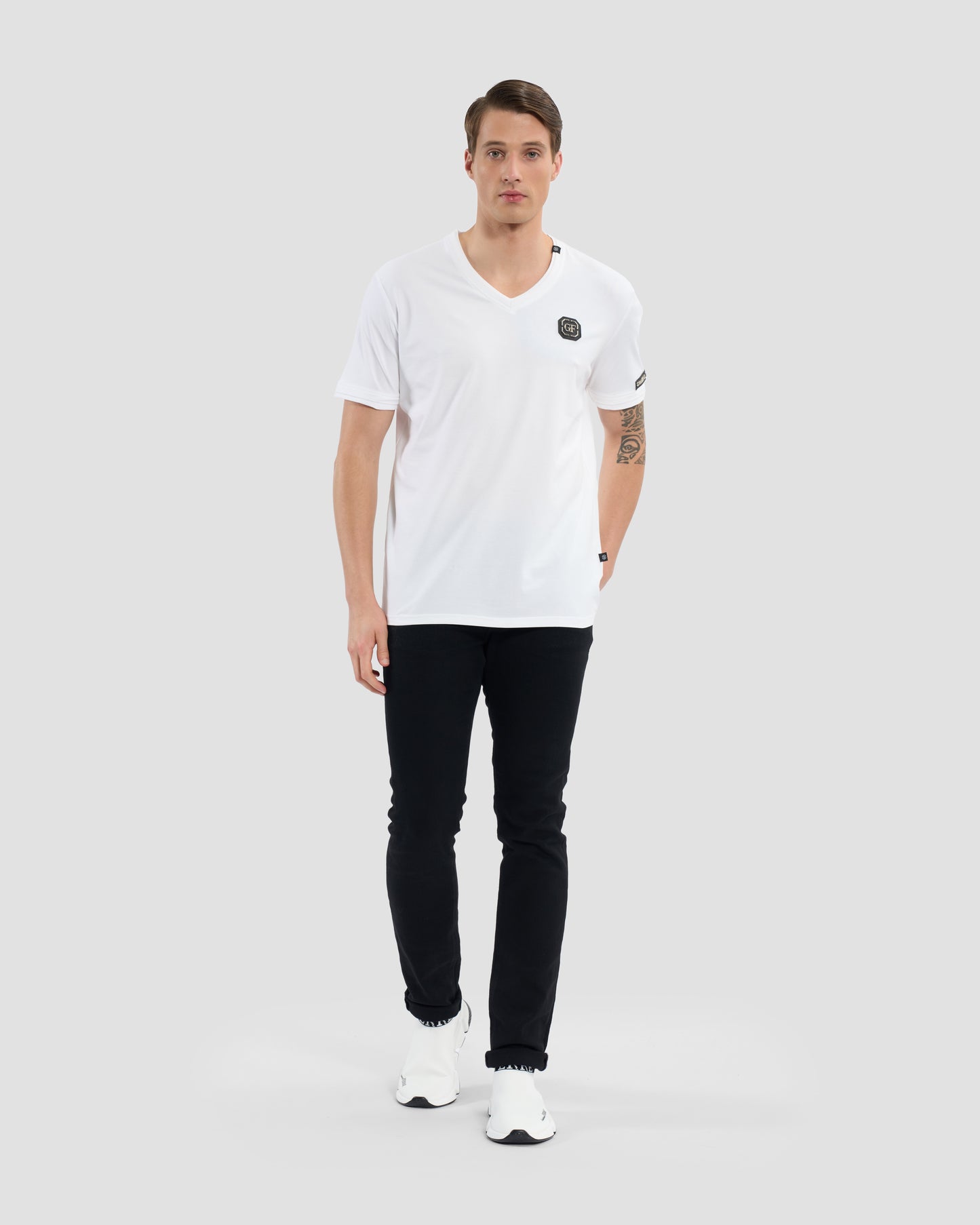 Brand Embellished Sleeve V-Neck T-Shirt