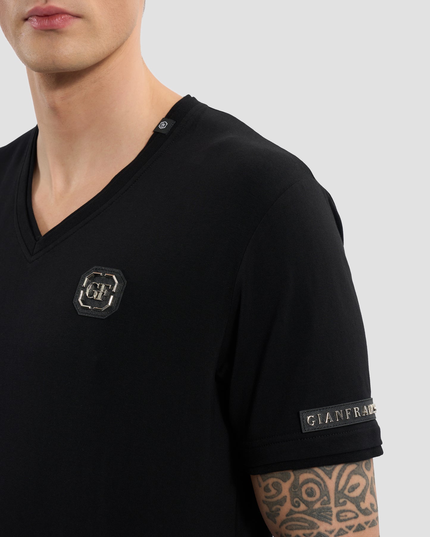 Brand Embellished Sleeve V-Neck T-Shirt