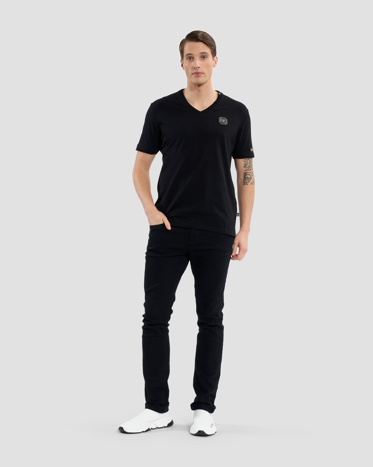 Brand Embellished Sleeve V-Neck T-Shirt