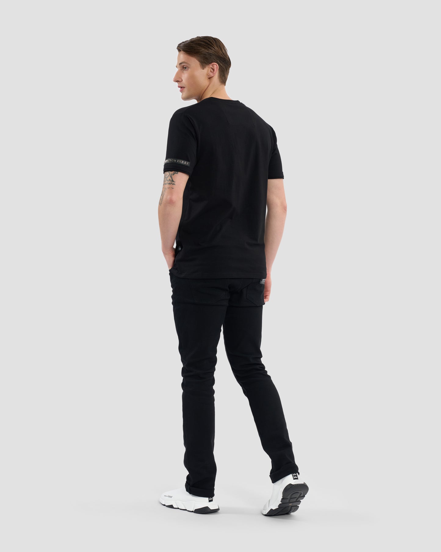 Brand Embellished Sleeve V-Neck T-Shirt