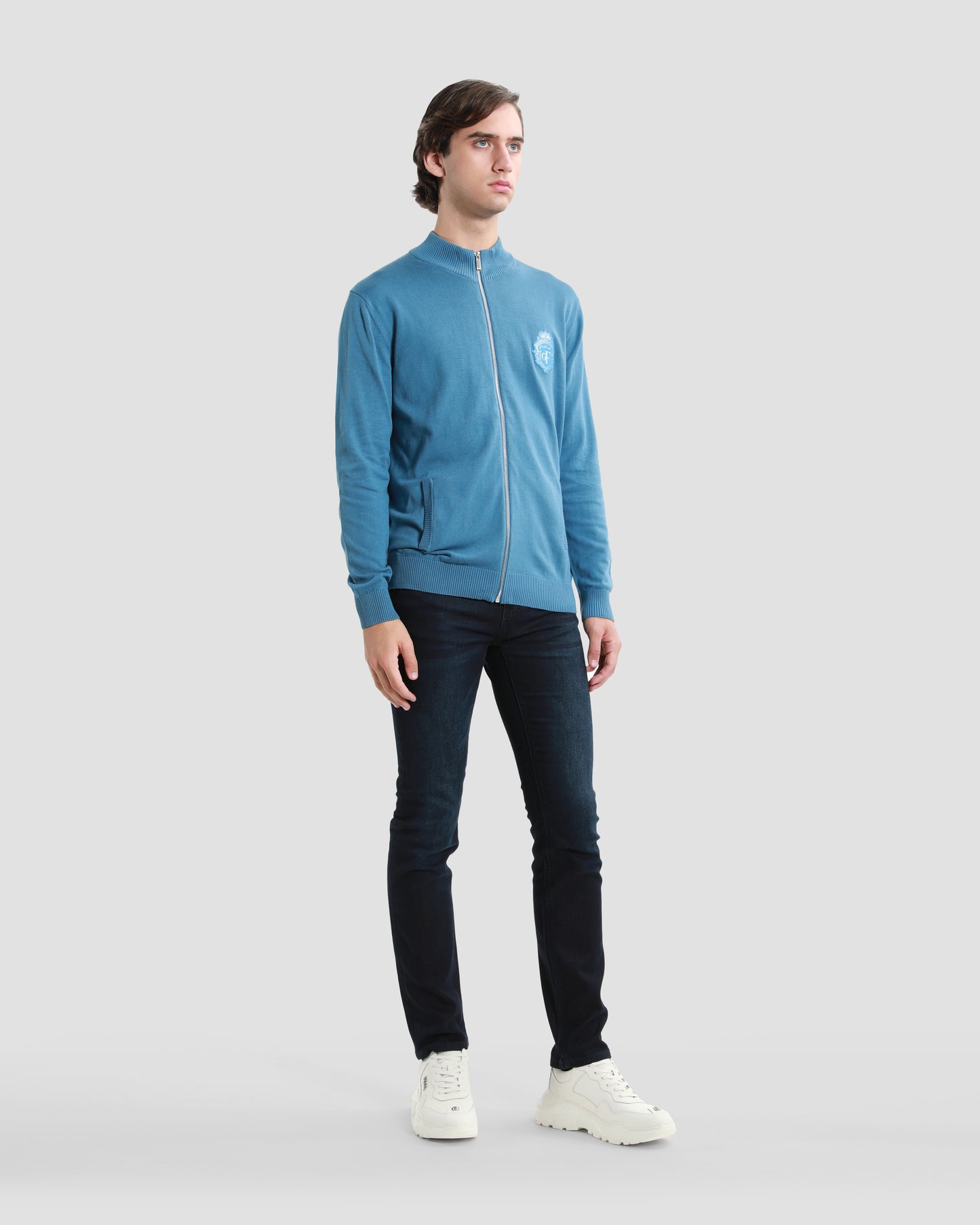 Blue Patched Zip Up Cardigan