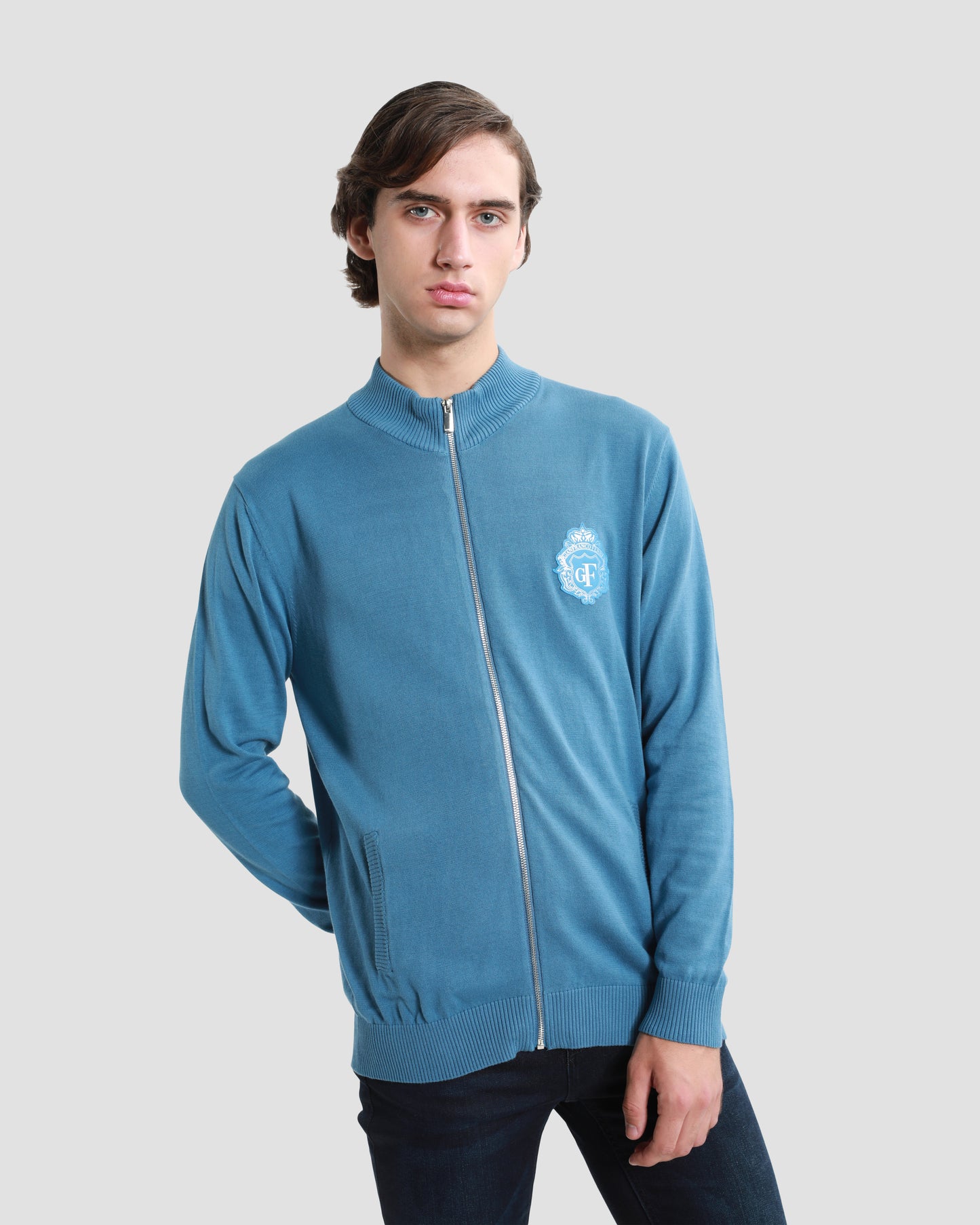 Blue Patched Zip Up Cardigan