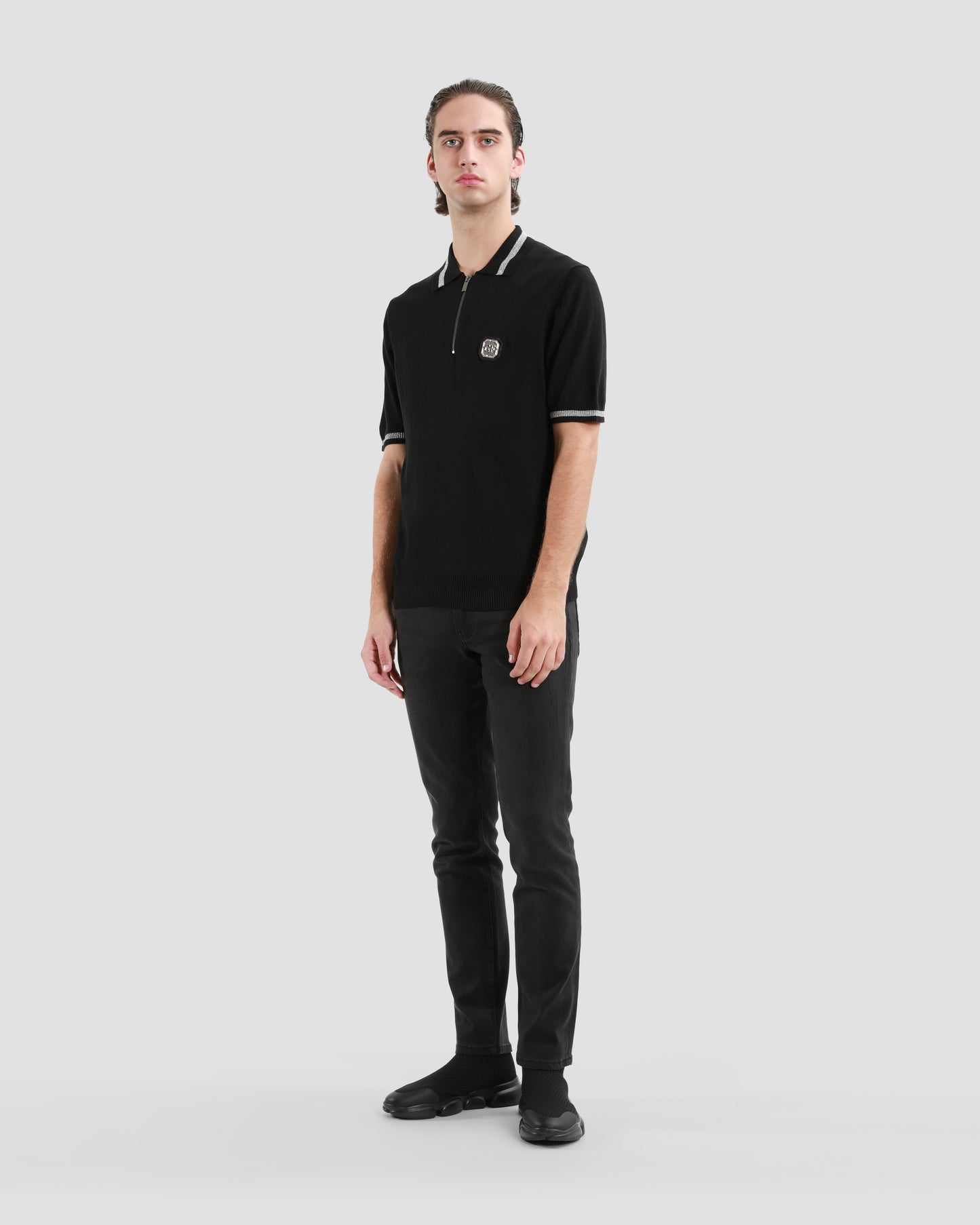 Logo Embellished Half Zip Knit Polo