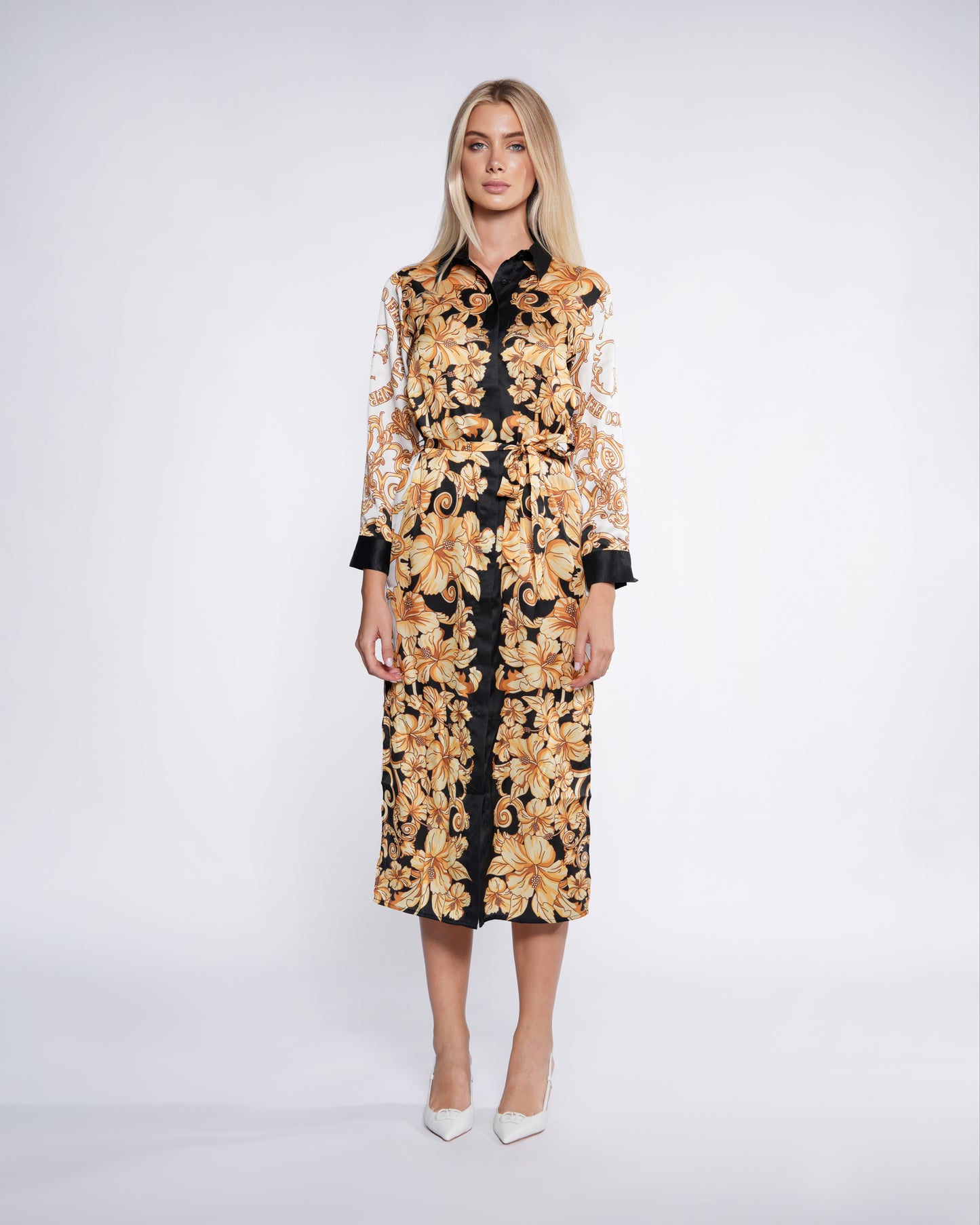 Baroque Floral Print Maxi Dress with Belt