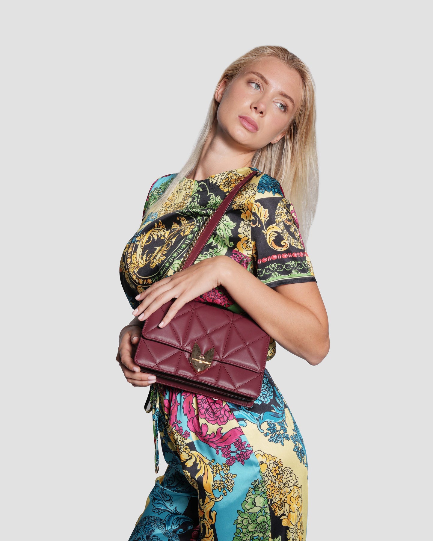 Maroon Quilted Leather Shoulder Bag