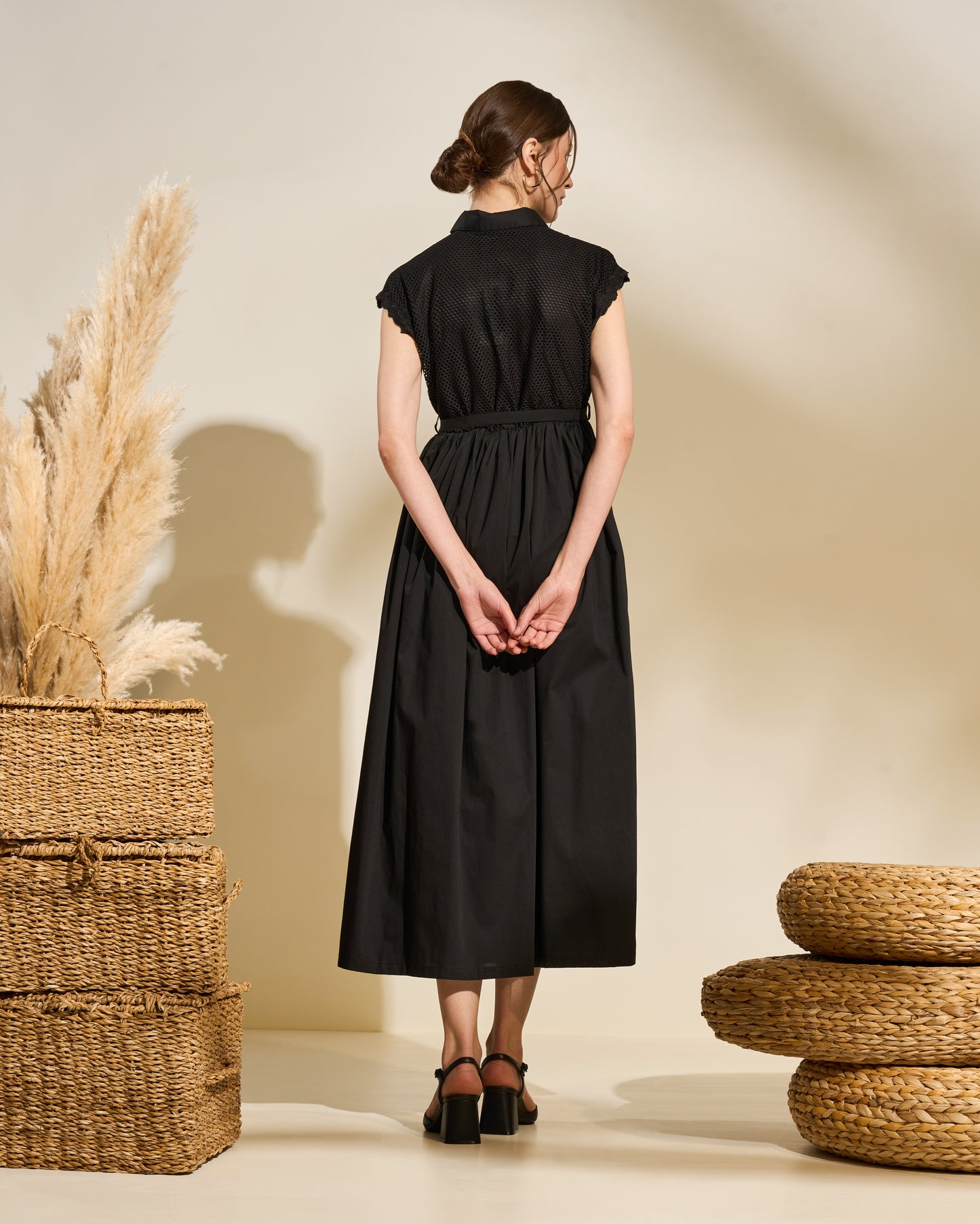 Lace Panel Belted Midi Dress