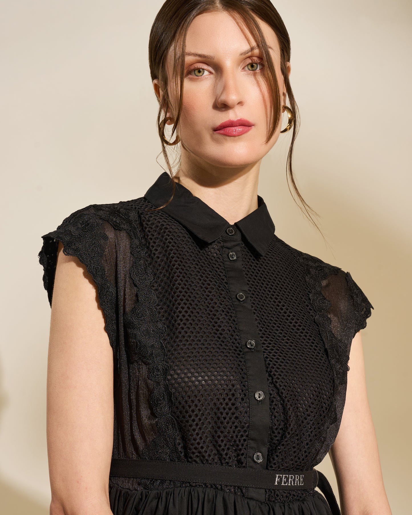 Lace Panel Belted Midi Dress