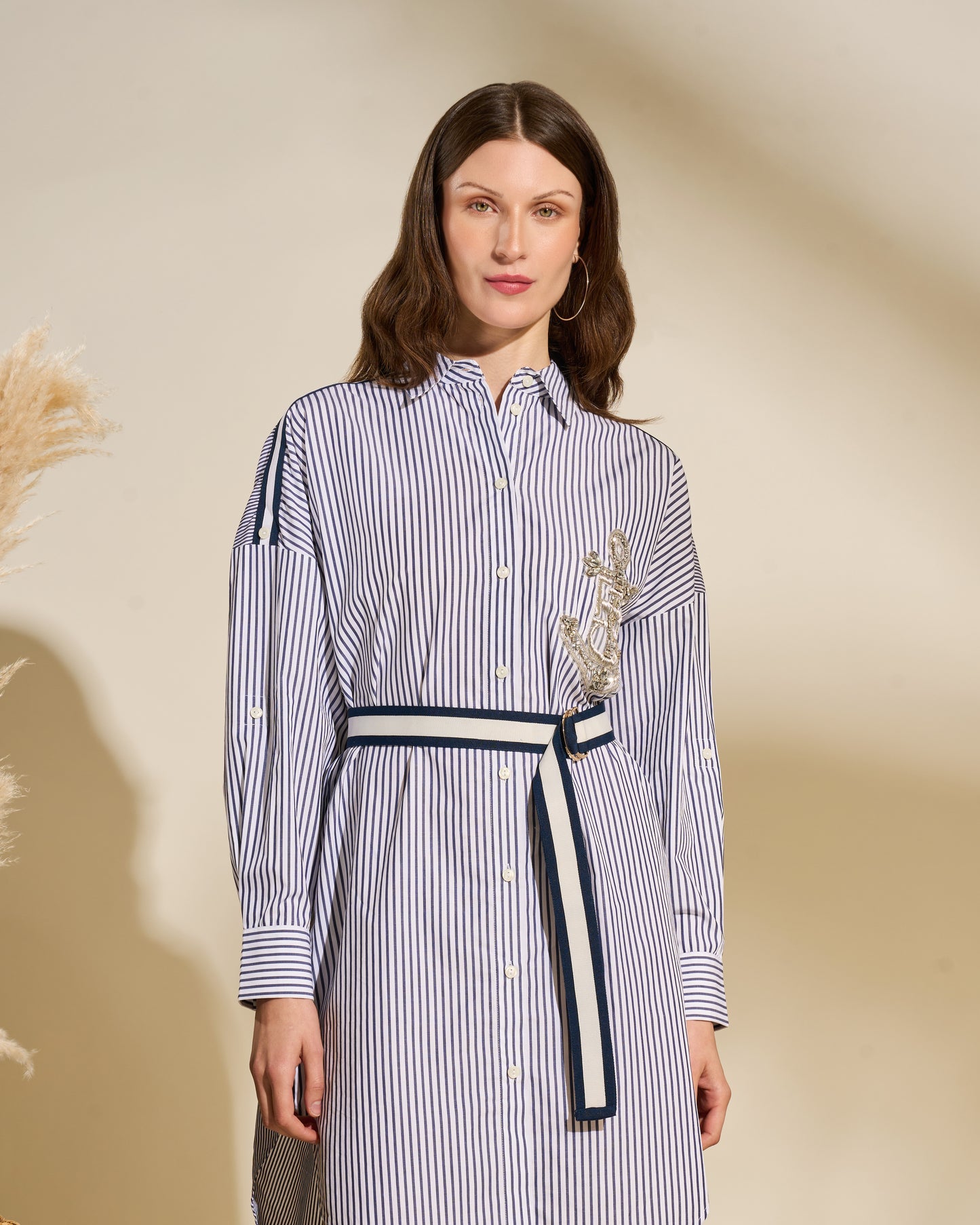 Striped Shirt Dress with Embroidered Crest