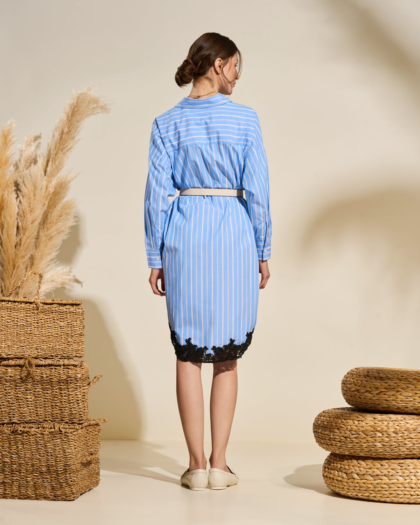 Striped Shirt Dress with Lace Hem