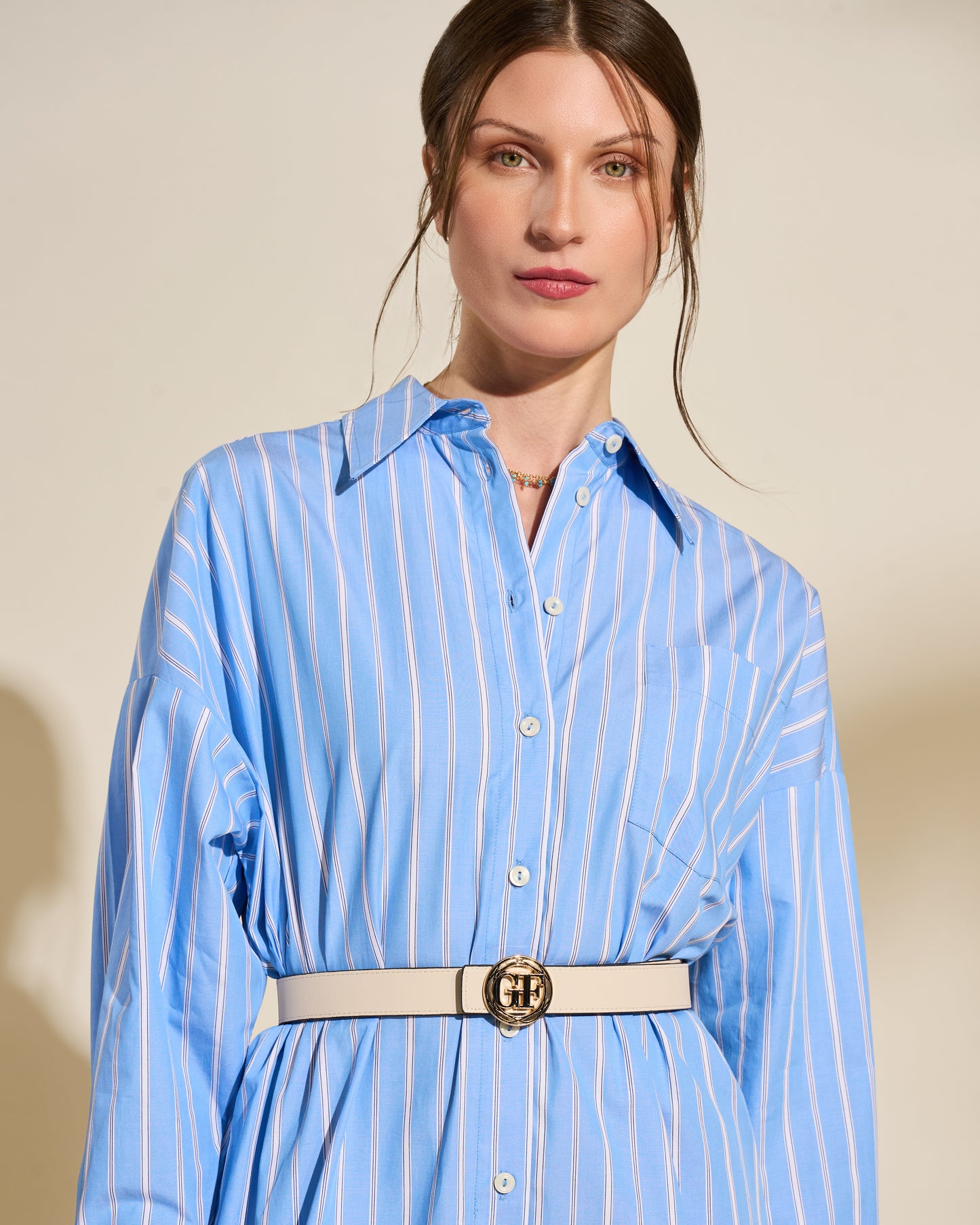 Striped Shirt Dress with Lace Hem