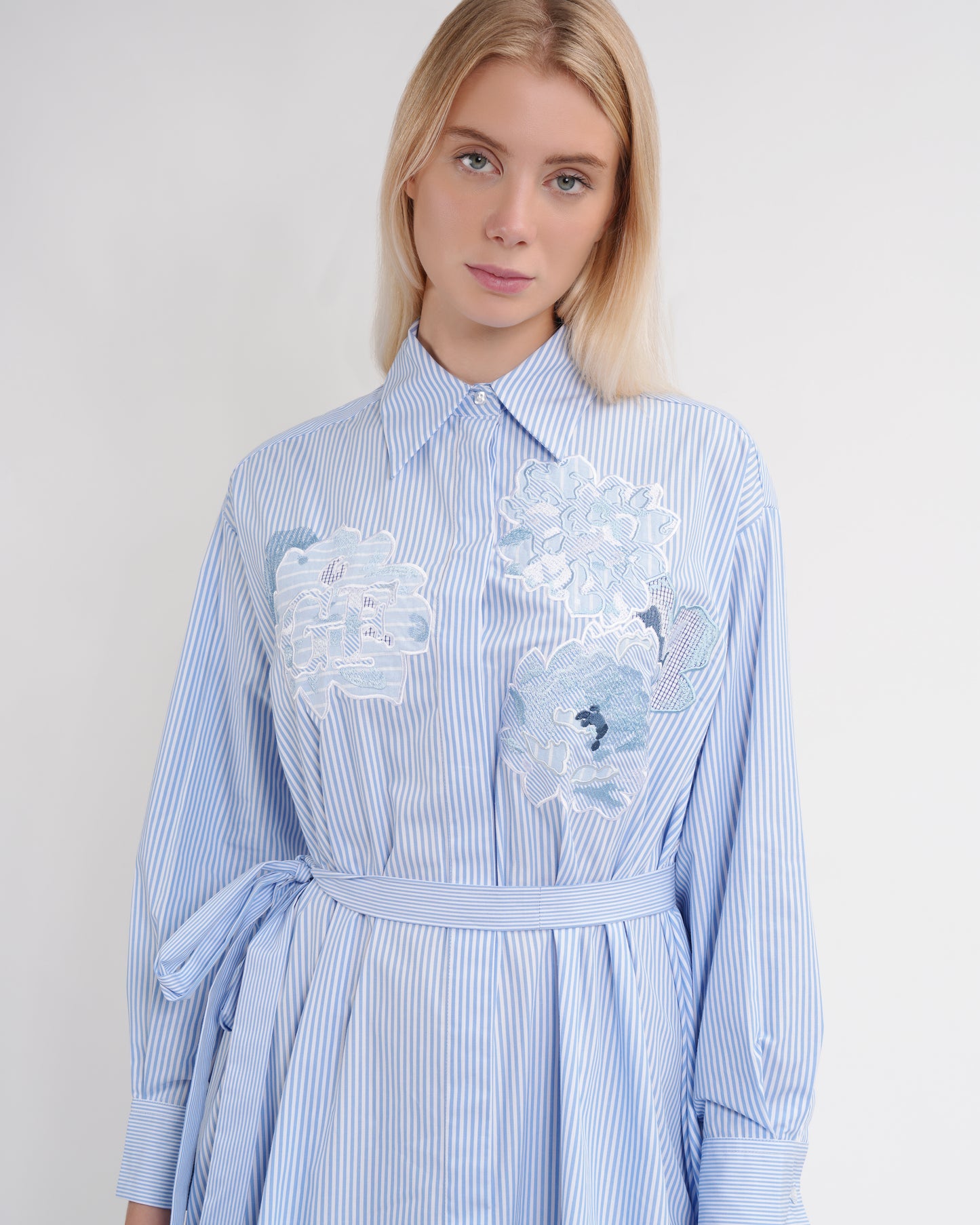 Striped Floral Applique Shirt Midi Dress