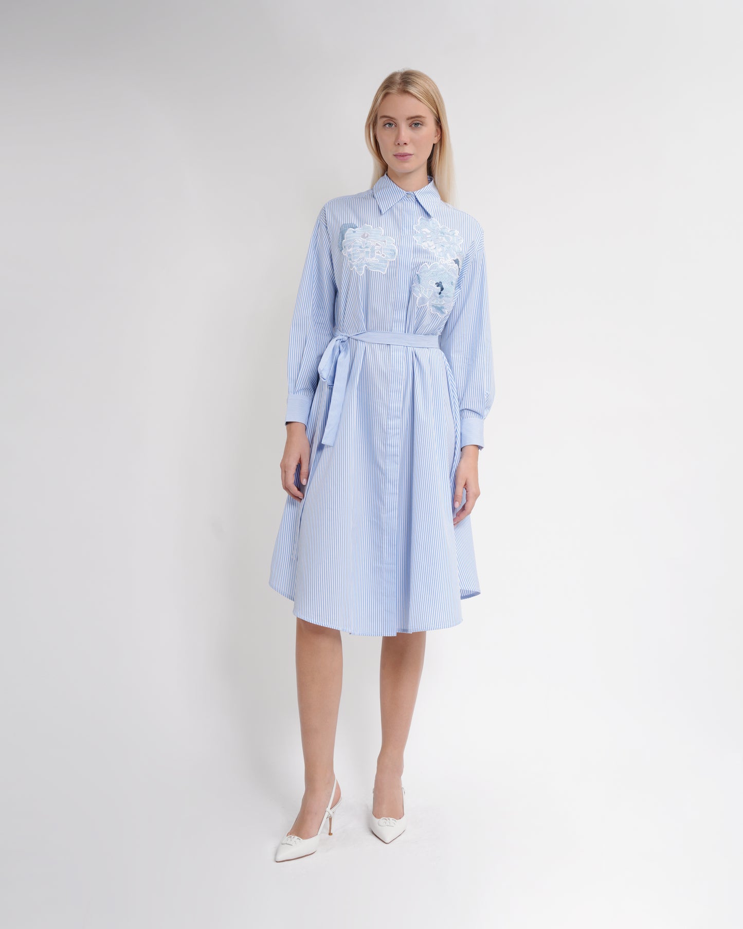 Striped Floral Applique Shirt Midi Dress