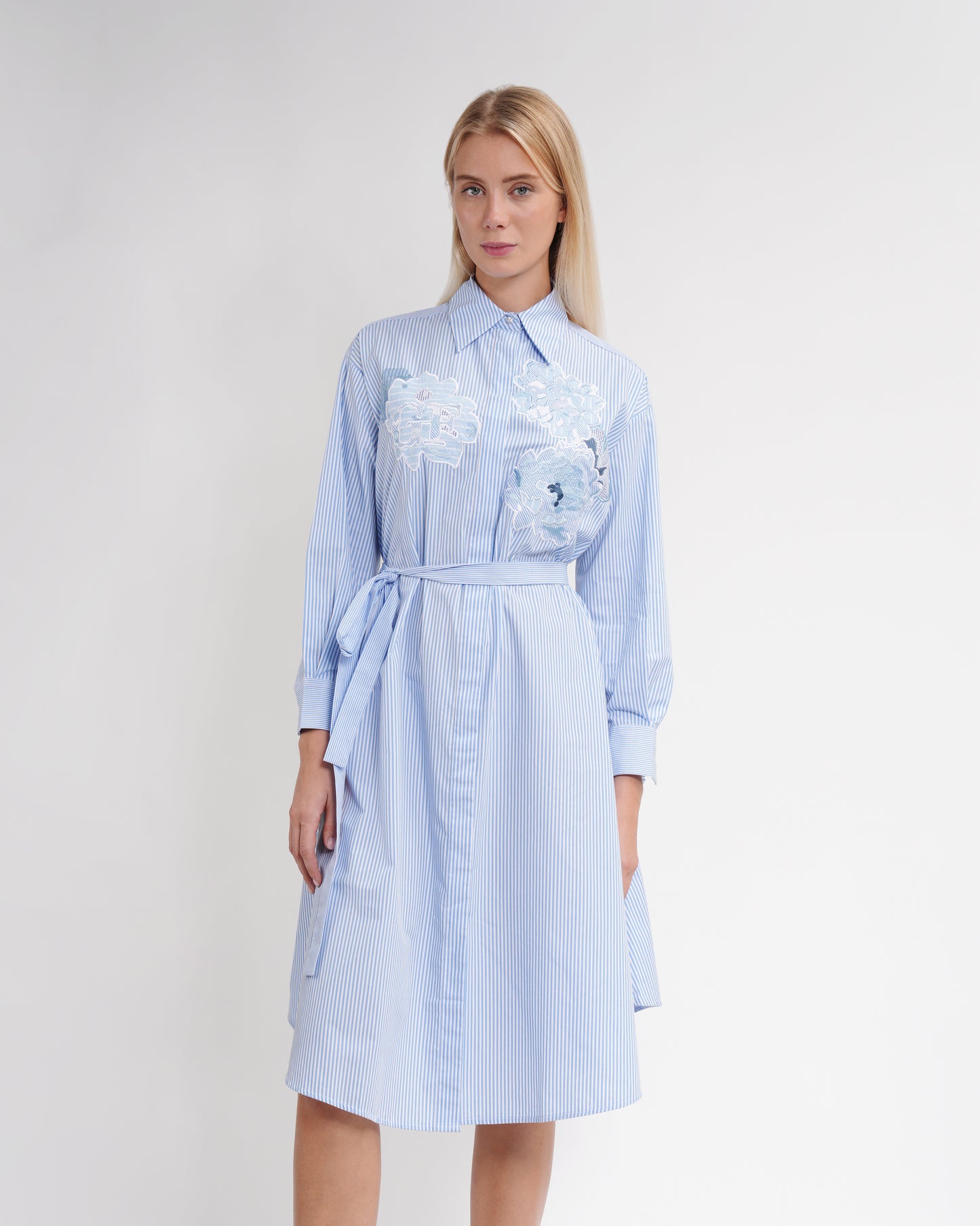 Striped Floral Applique Shirt Midi Dress