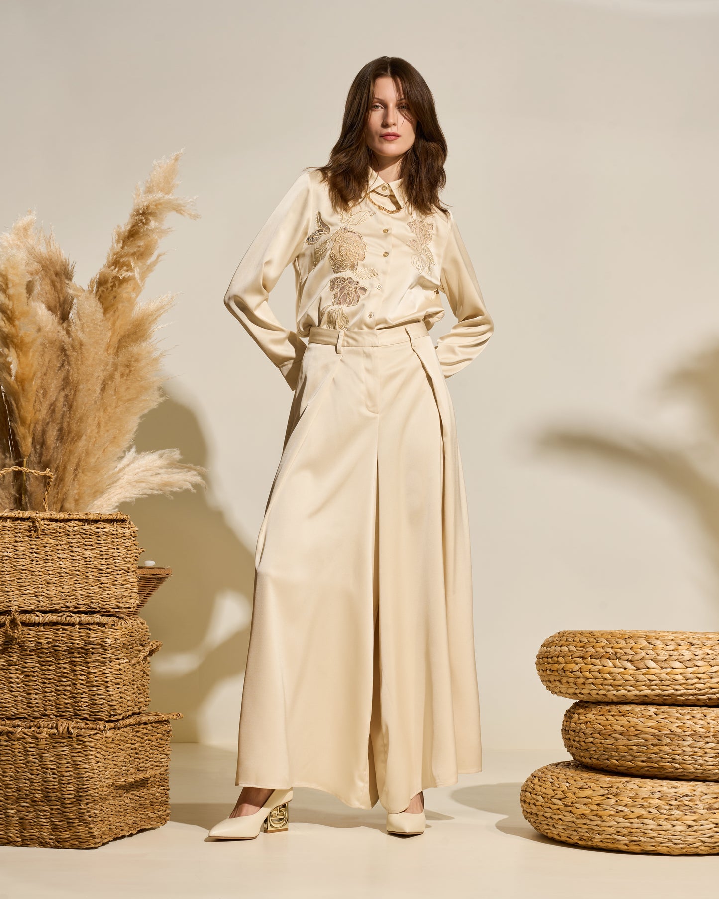 Wide-Leg Pleated Trousers