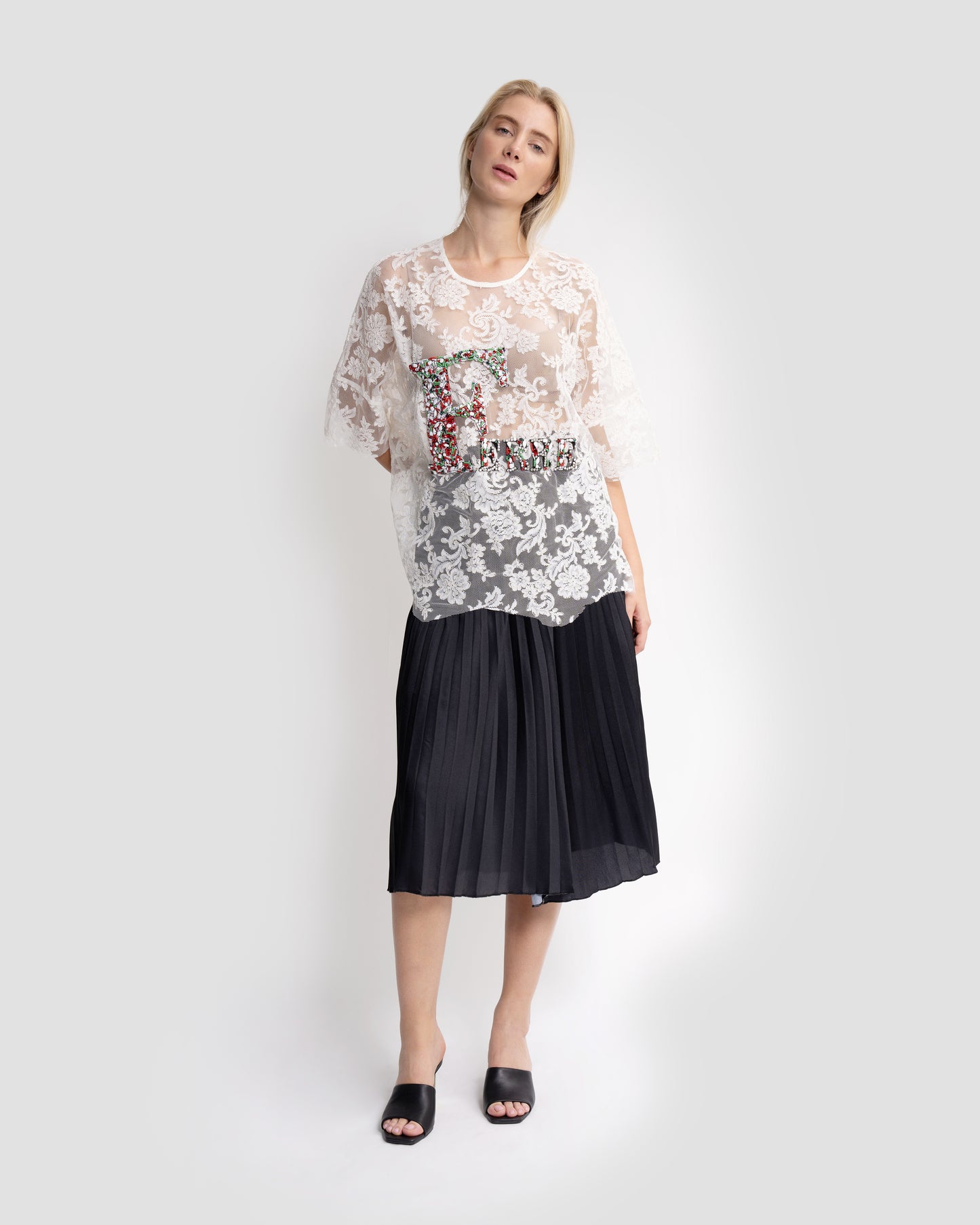 Logo Embellished Sheer Lace Top