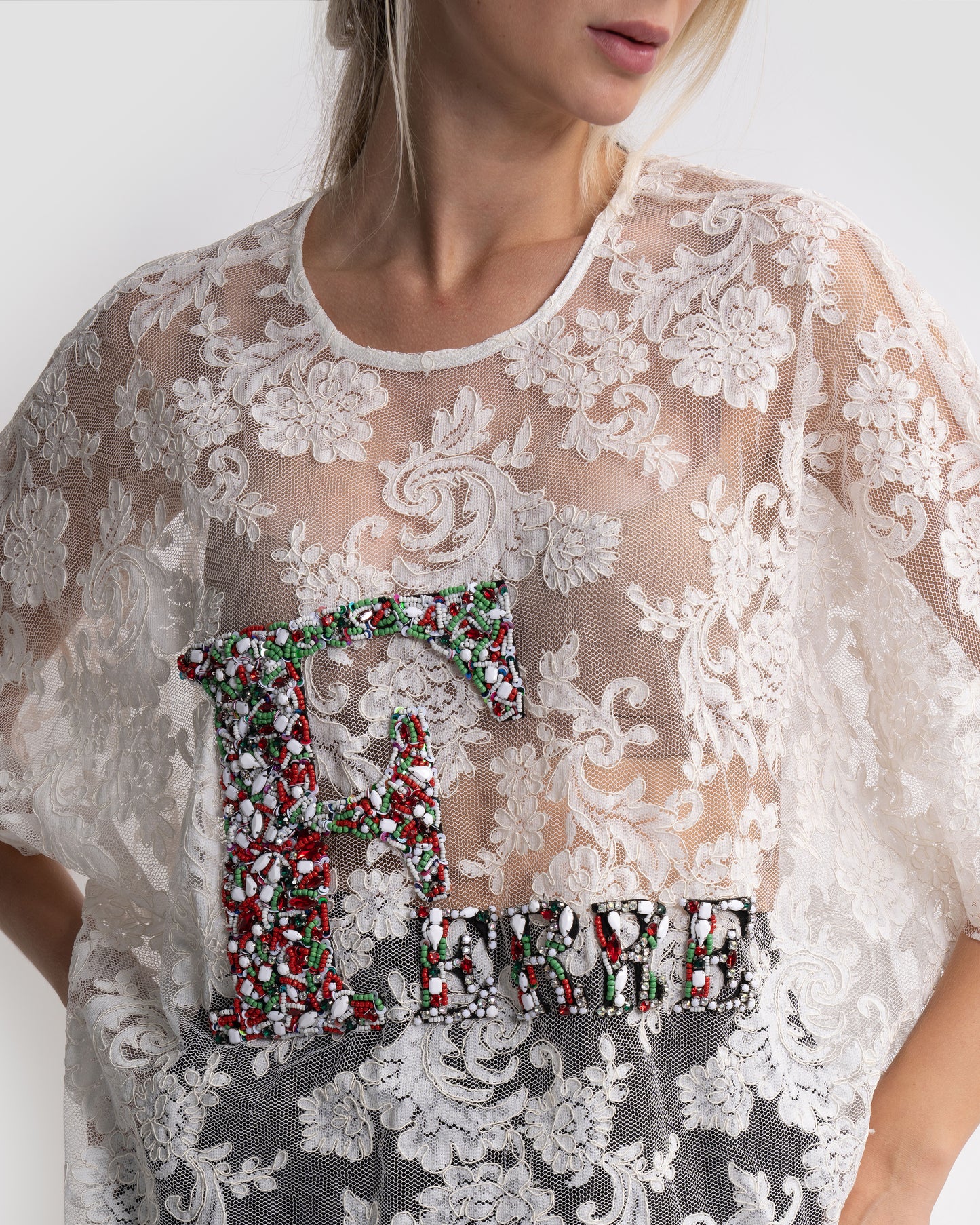 Logo Embellished Sheer Lace Top