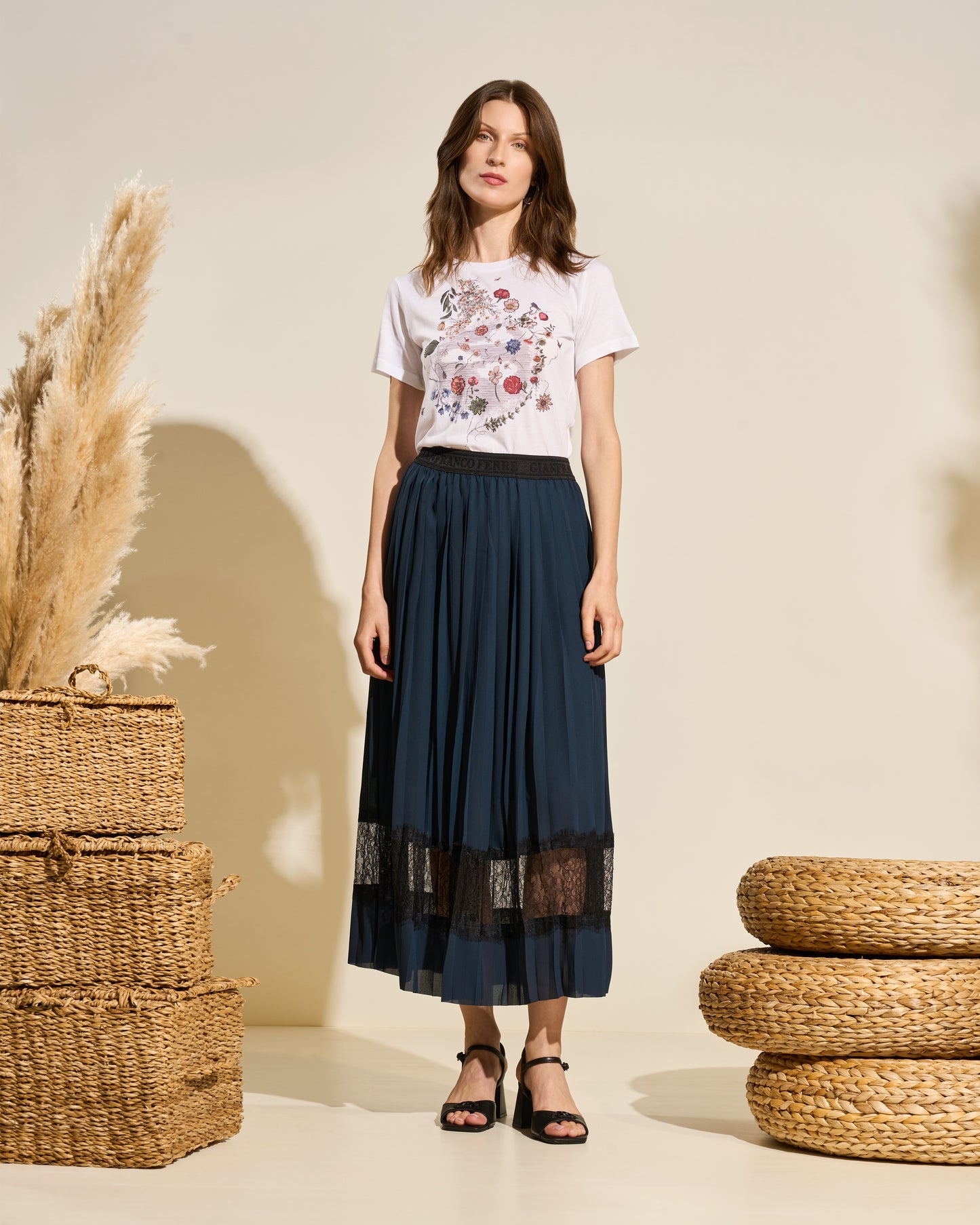 Pleated Midi Skirt with Lace Trim