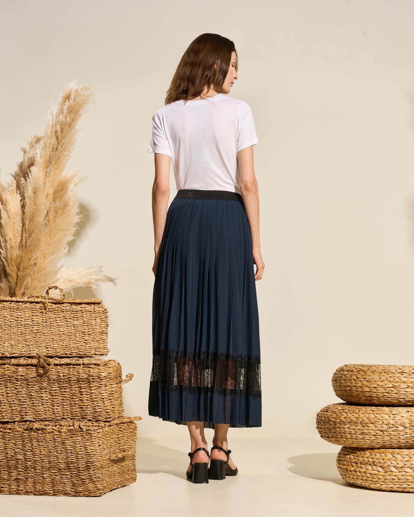 Pleated Midi Skirt with Lace Trim