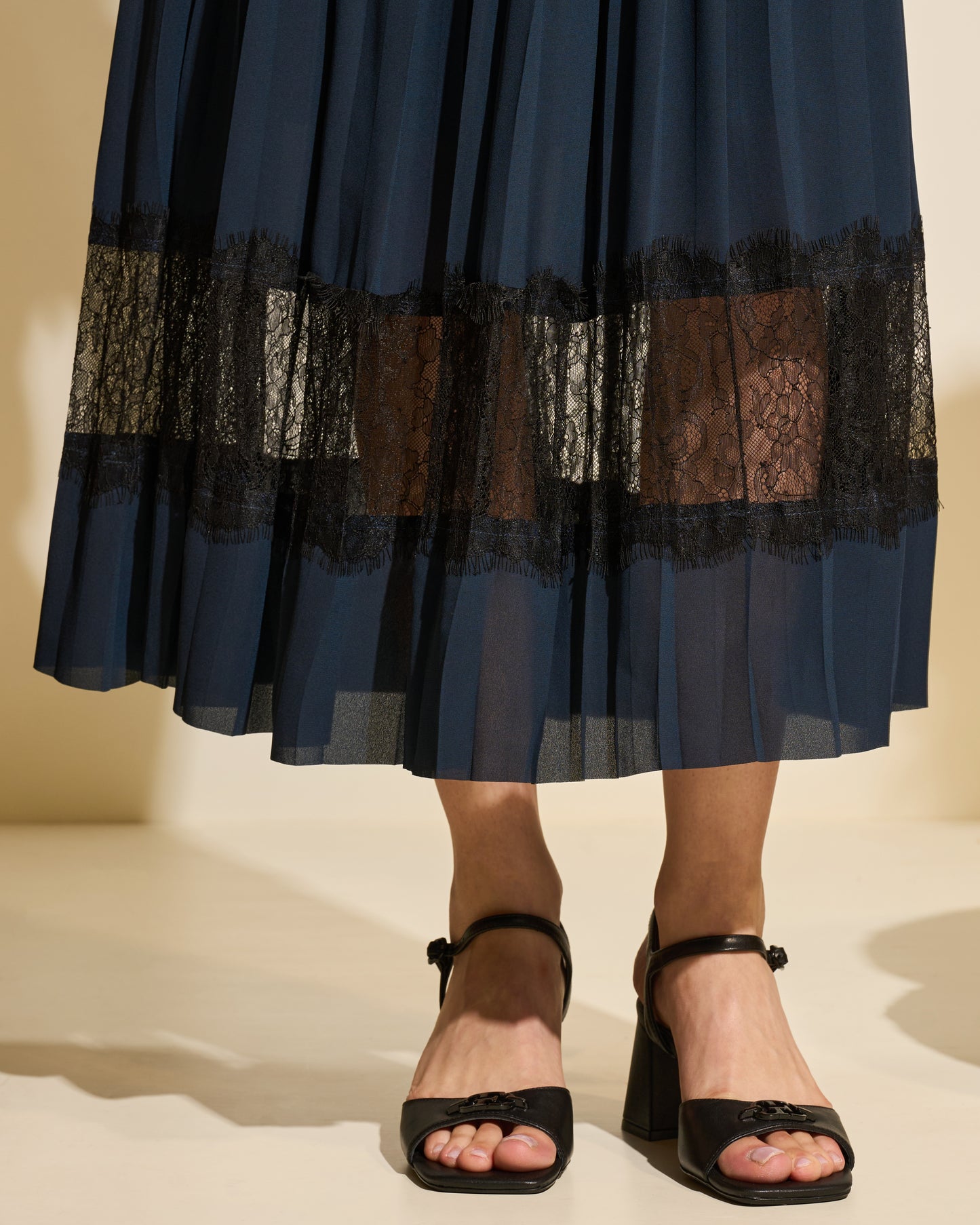 Pleated Midi Skirt with Lace Trim
