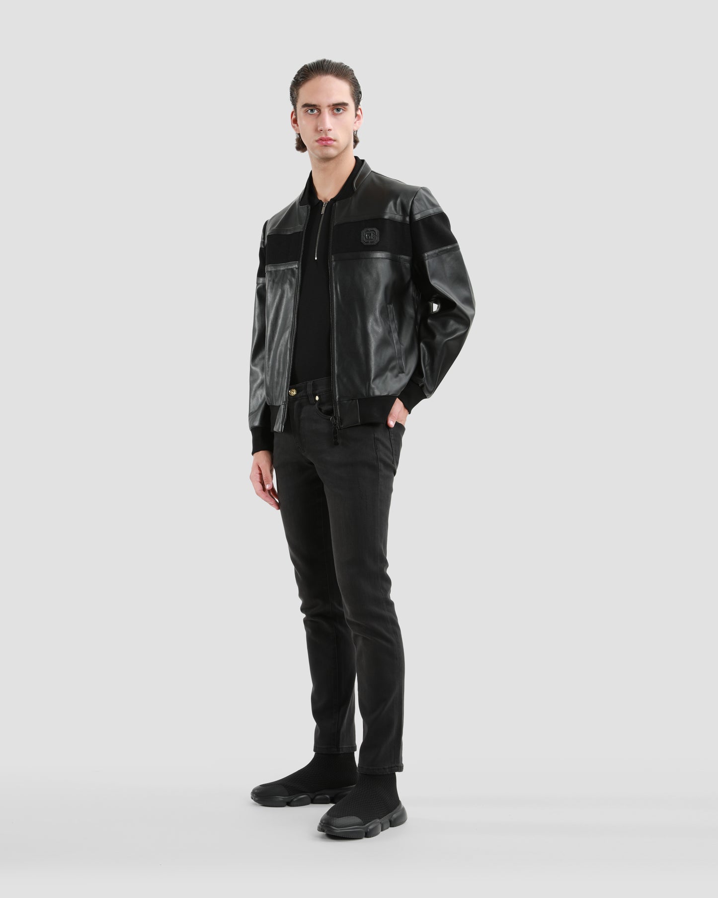 Solid Tone Leather Bomber Jacket