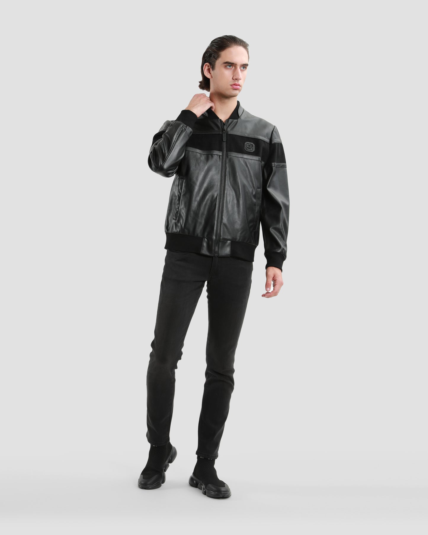 Solid Tone Leather Bomber Jacket