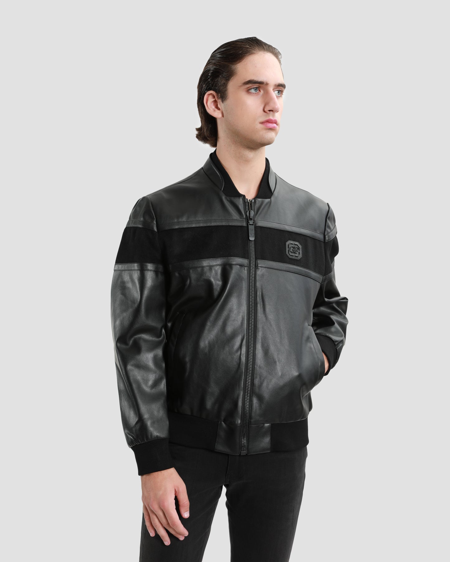 Solid Tone Leather Bomber Jacket
