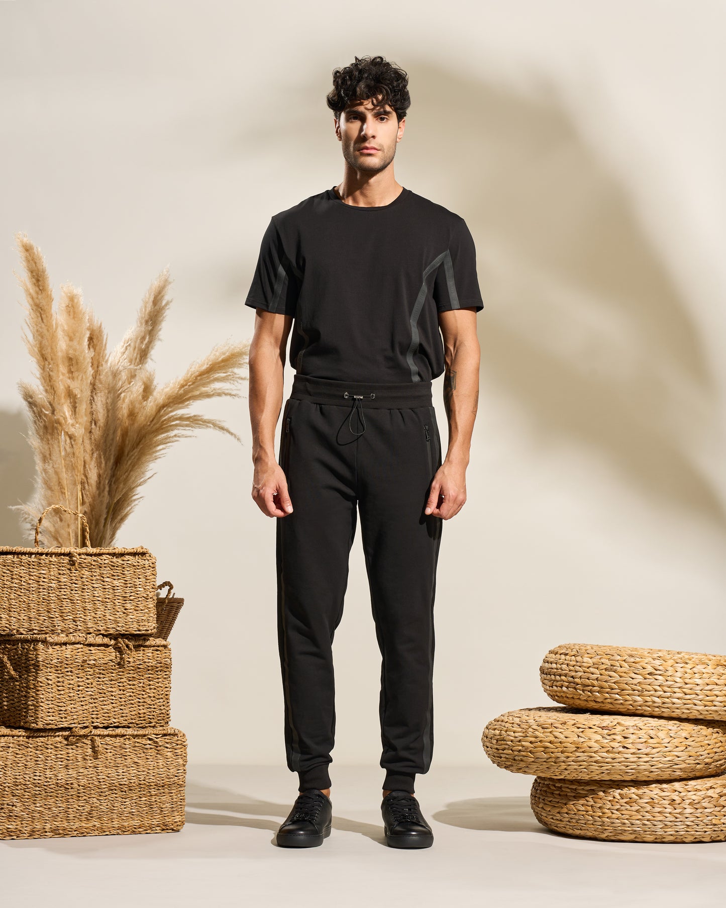 Stylish Black Rubber-Tape Track Pants