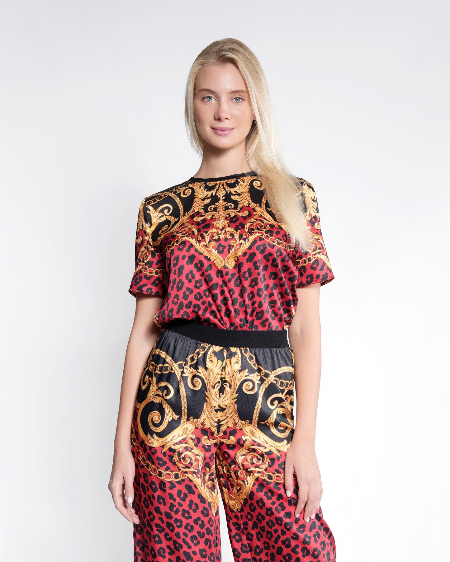 Ladies Top Red Print and Gold Details