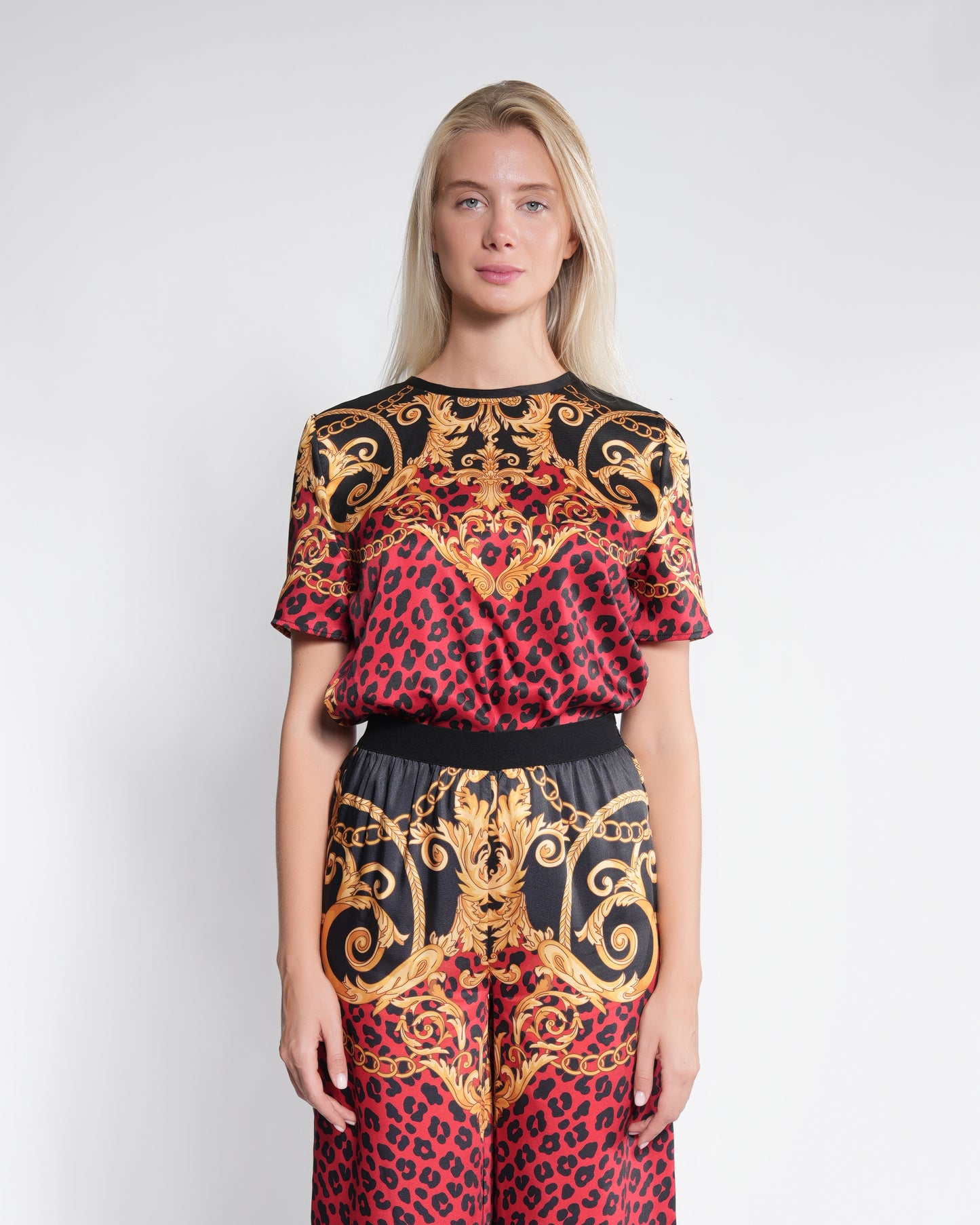 Ladies Top Red Print and Gold Details