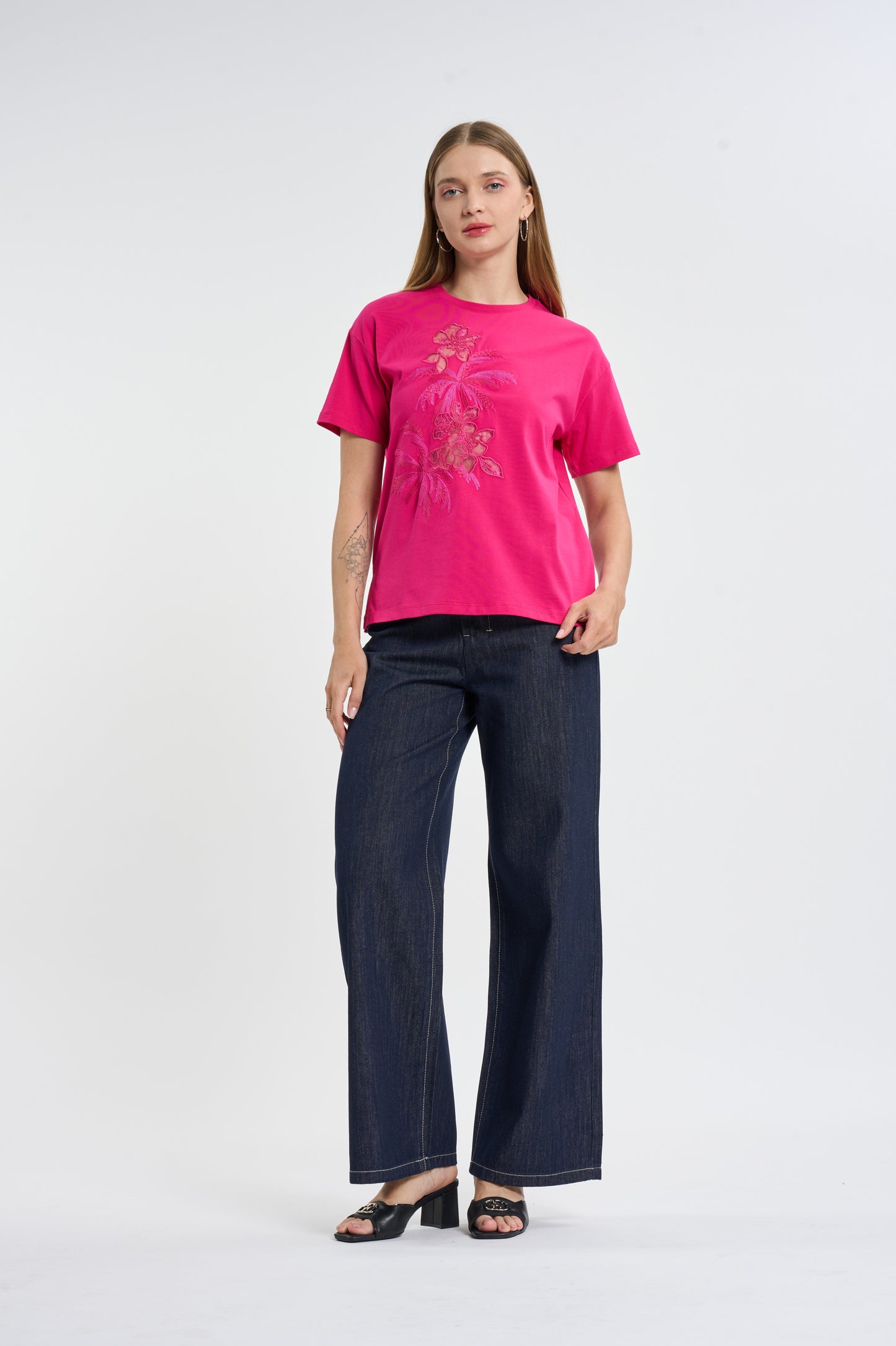 Magenta Lace & Embroidered T-Shirt