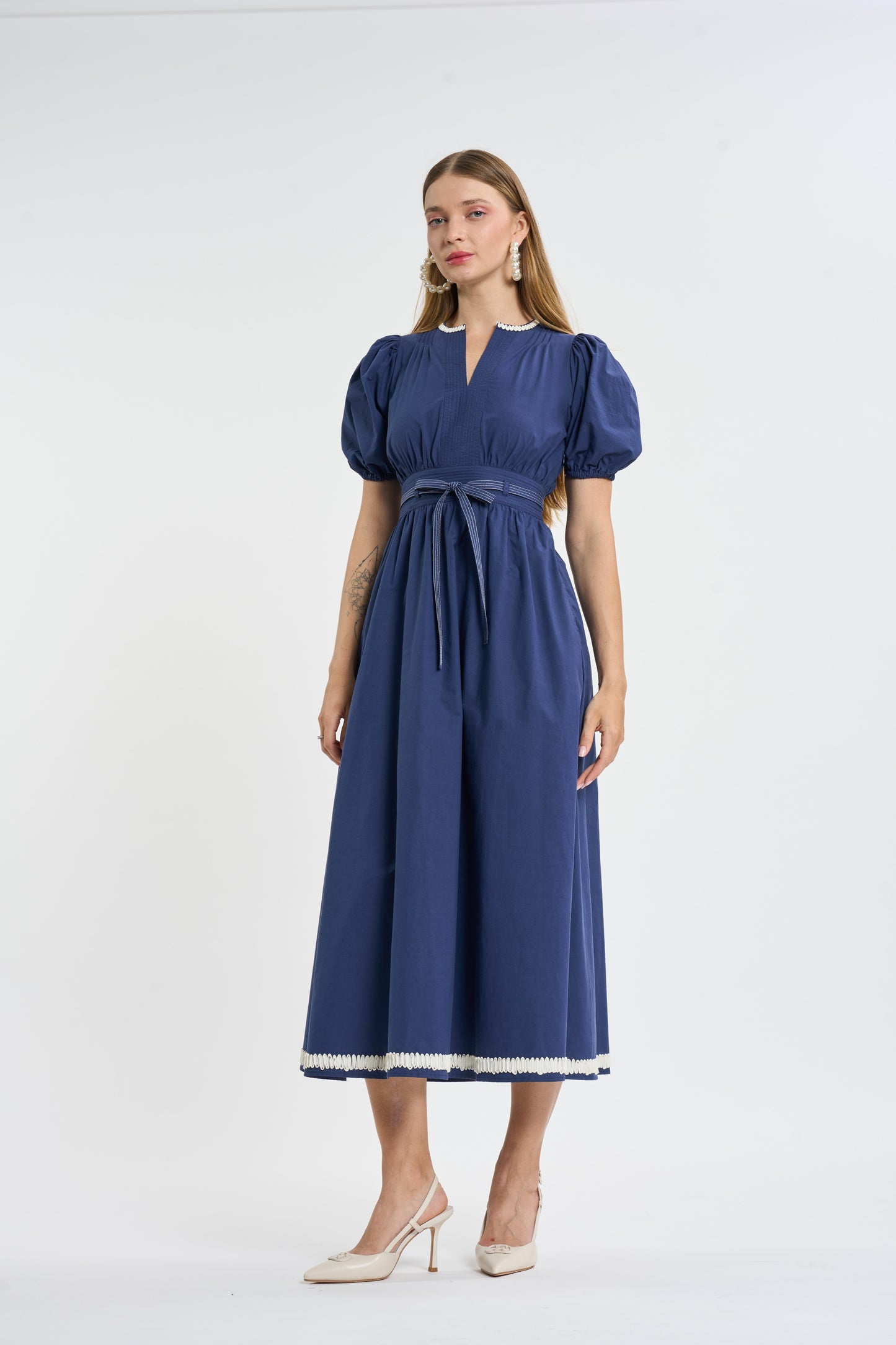 Slate Blue Puff-Sleeve Midi Dress