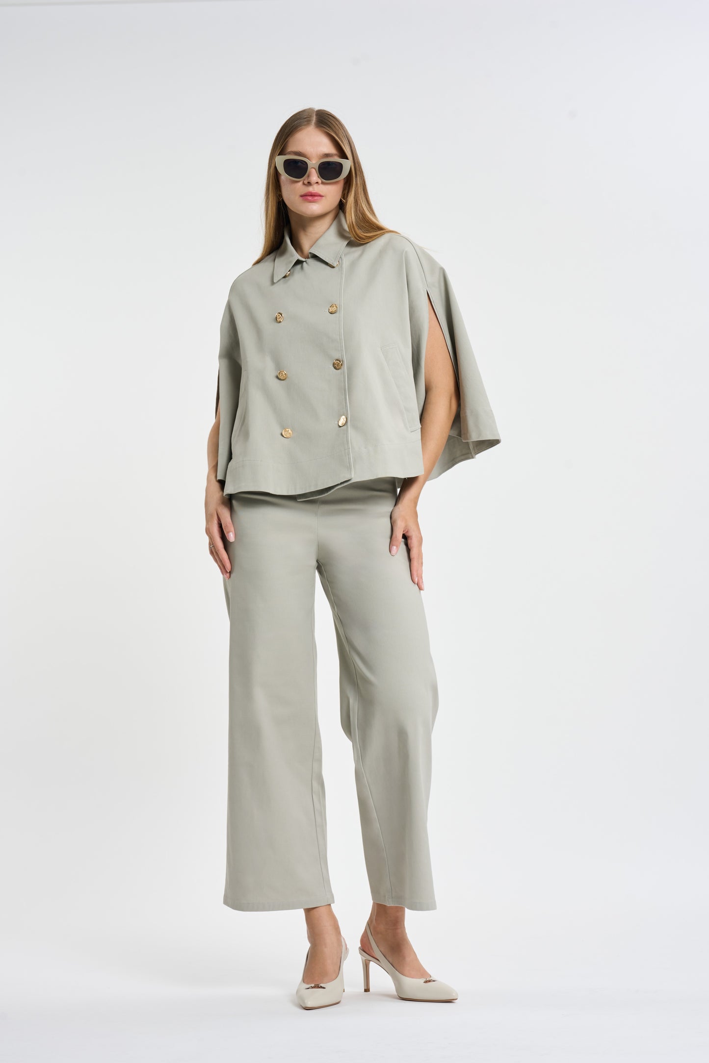 Sage Green Button-Detail Straight-Leg Trousers