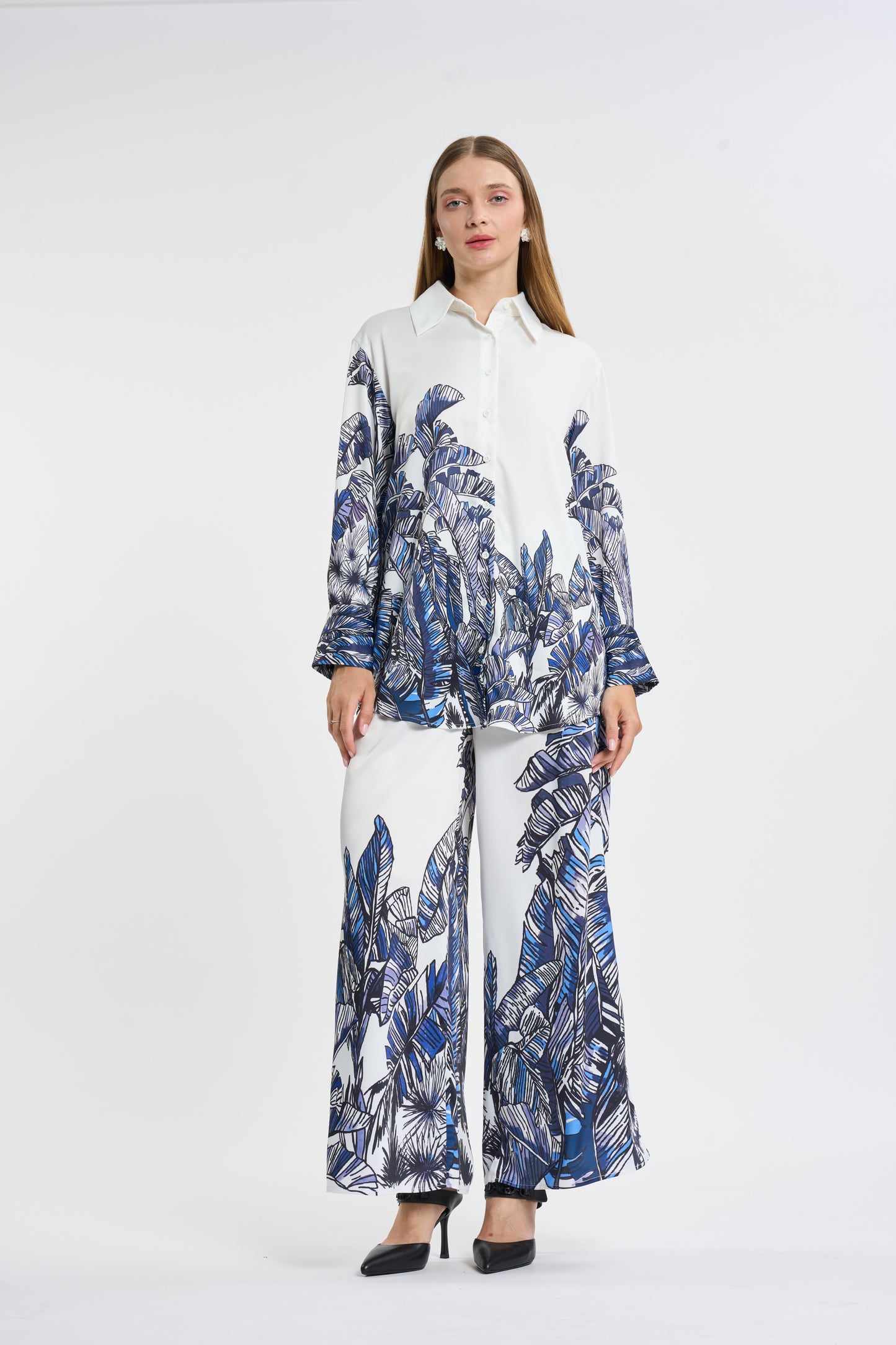 Tropical Palm Print Silk Two-Piece Set