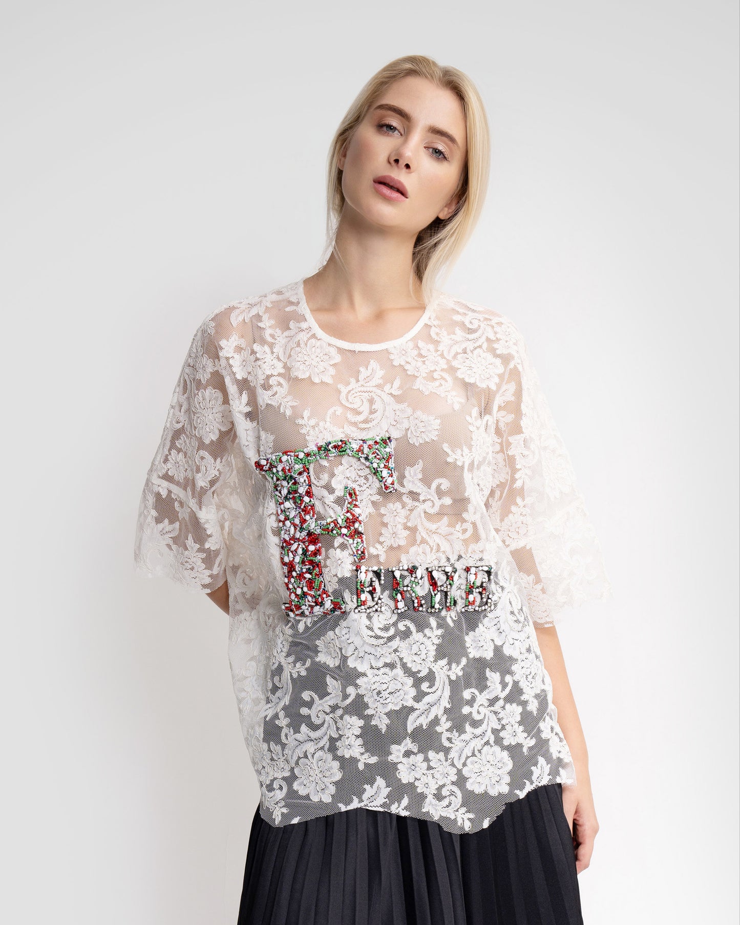 Logo Embellished Sheer Lace Top