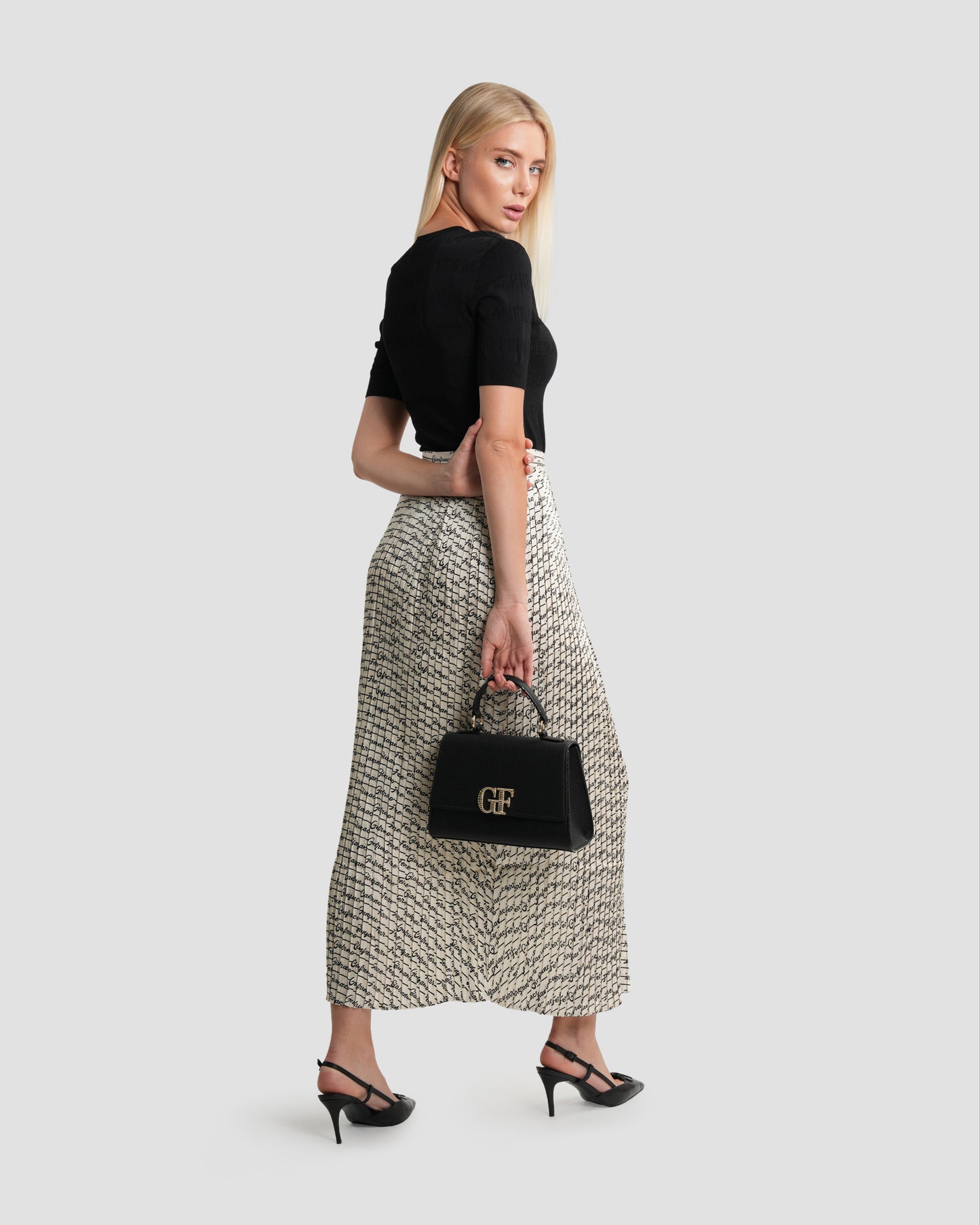 Logo Striped Pleated Midi Skirt
