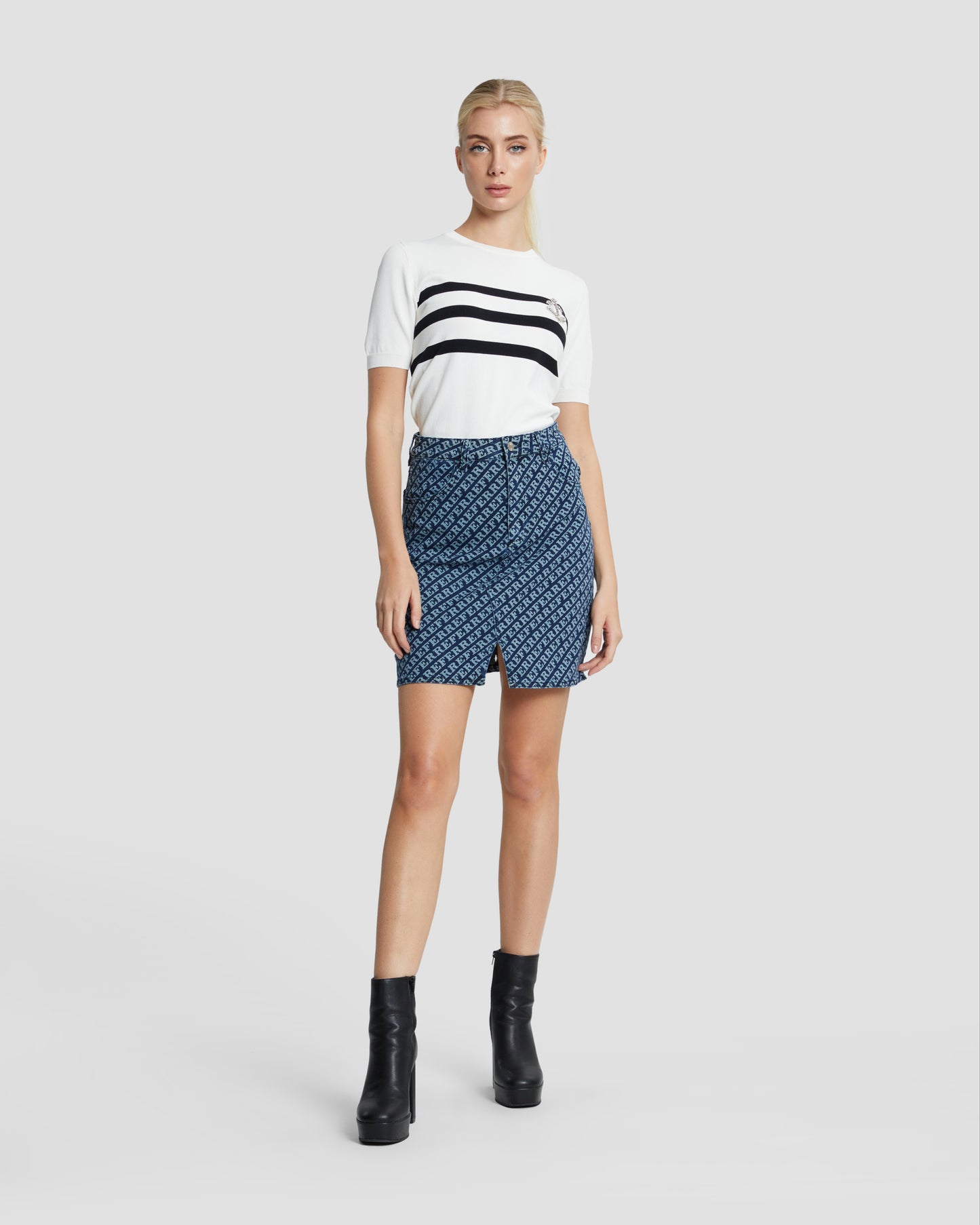 All Over Ferre Print Denim Skirt