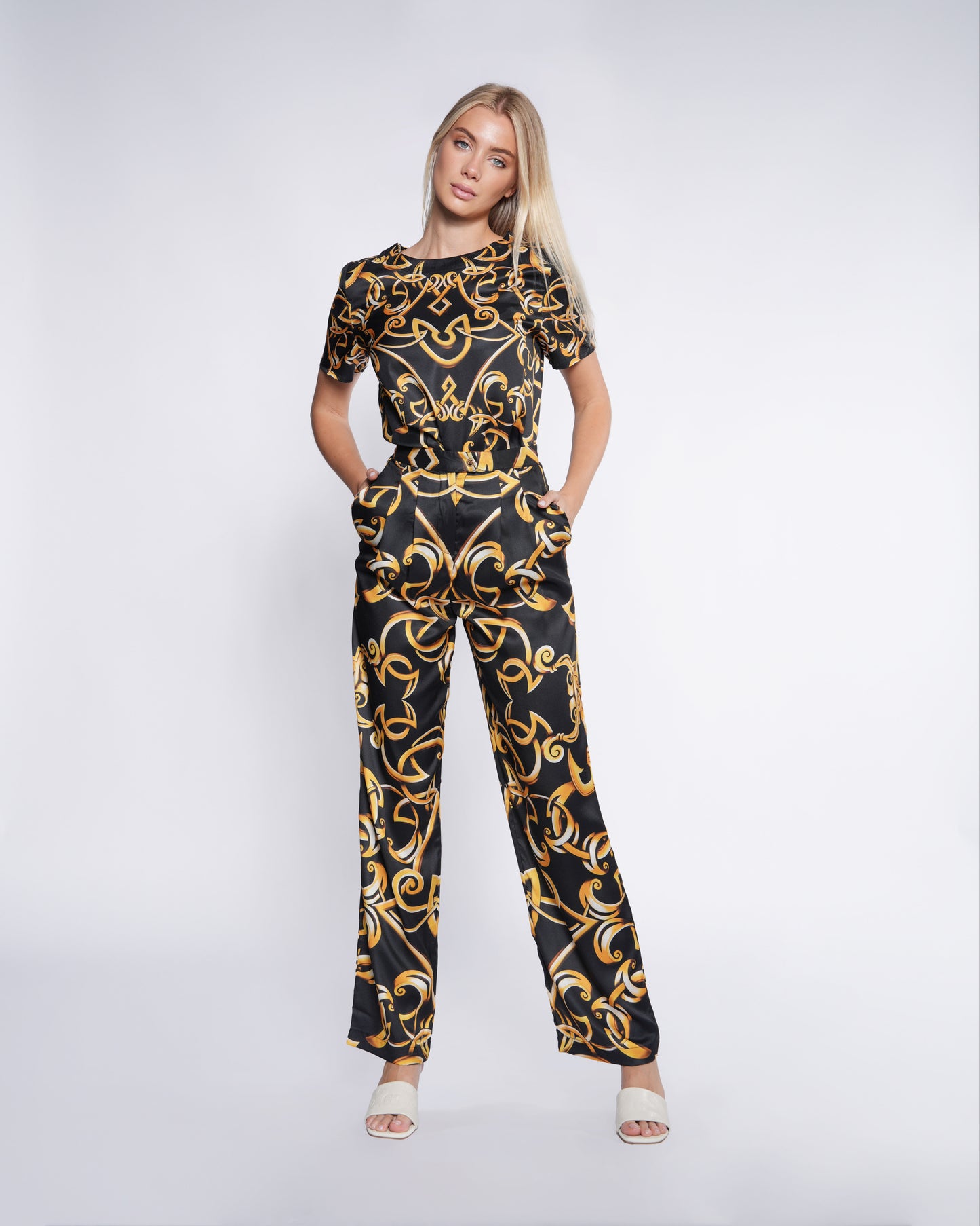 Gold Baroque Pleated Wide Pants