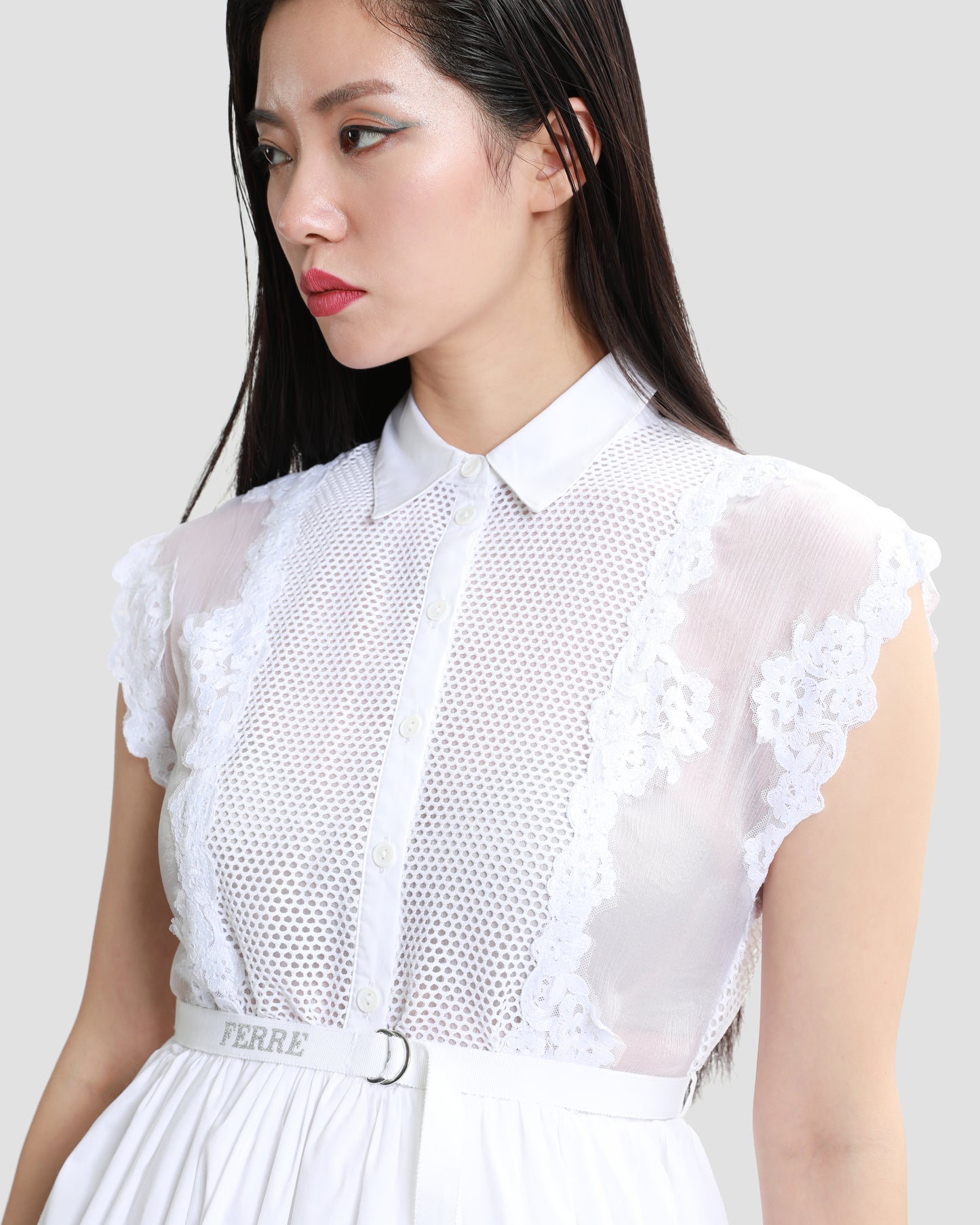Belted Lace-Trimmed Mini Shirt Dress