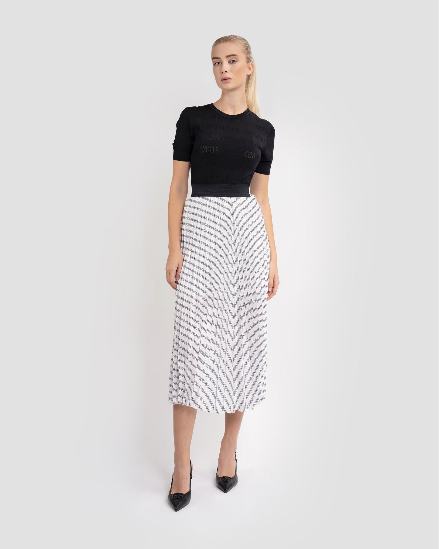 Logo Striped Pleated Midi Skirt