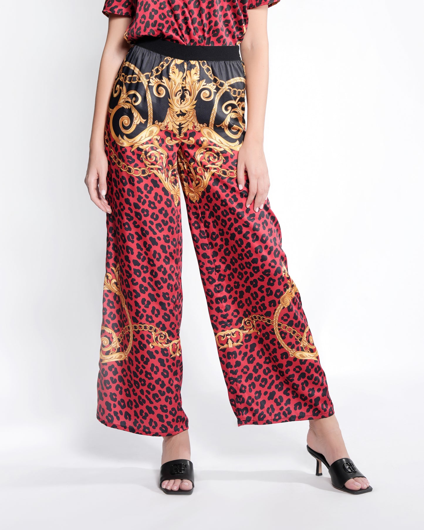 Ladies Trouser Red Print and Gold Details