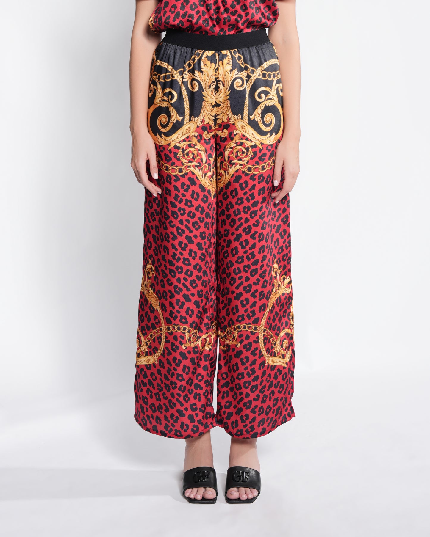 Ladies Trouser Red Print and Gold Details