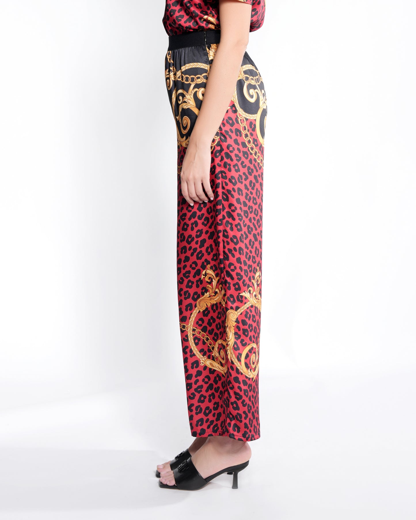 Ladies Trouser Red Print and Gold Details