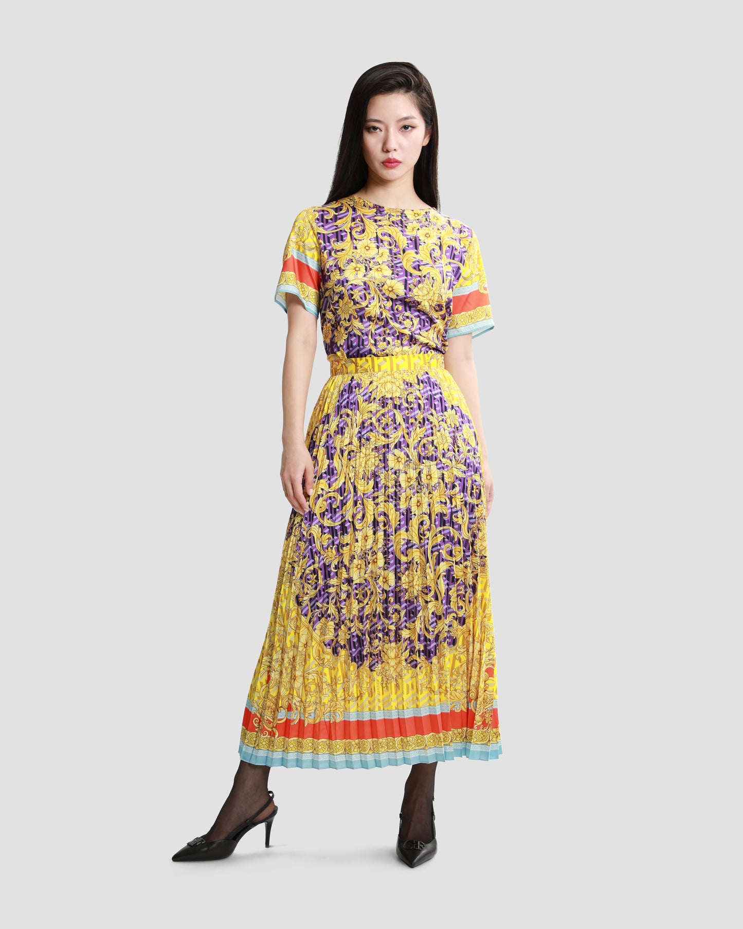 Multicolor Geometric Baroque Print Pleated Skirt