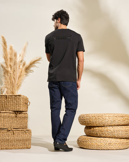 Tape Sleeve Print Black T-Shirt
