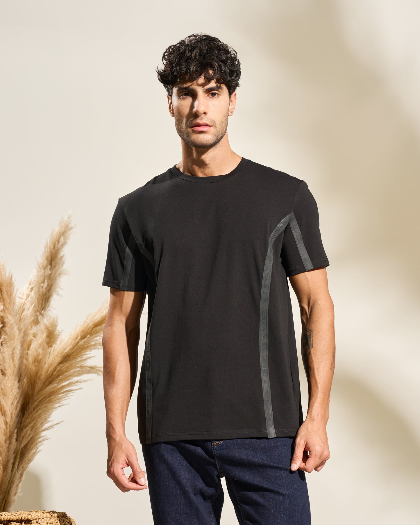 Tape Sleeve Print Black T-Shirt