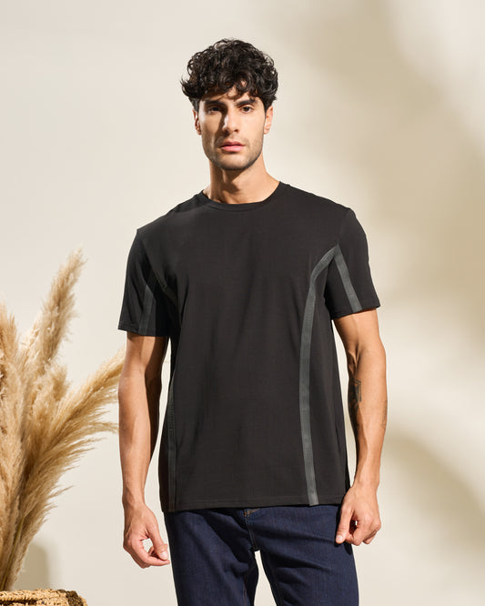Tape Sleeve Print Black T-Shirt