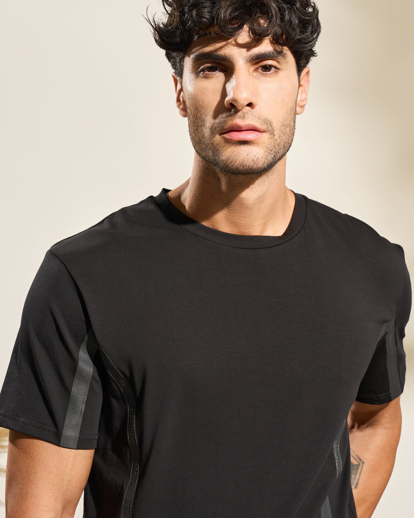 Tape Sleeve Print Black T-Shirt