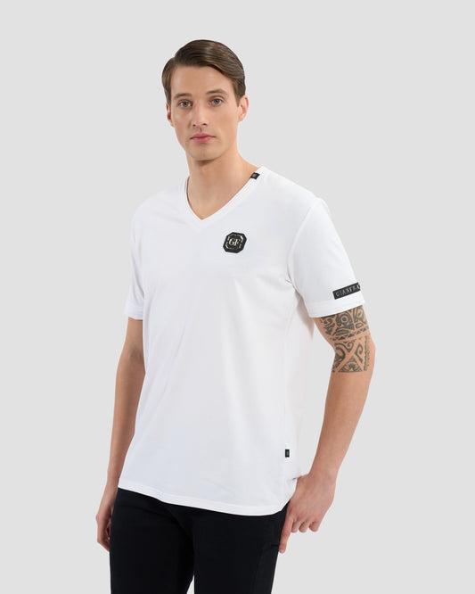 Brand Embellished Sleeve V-Neck T-Shirt